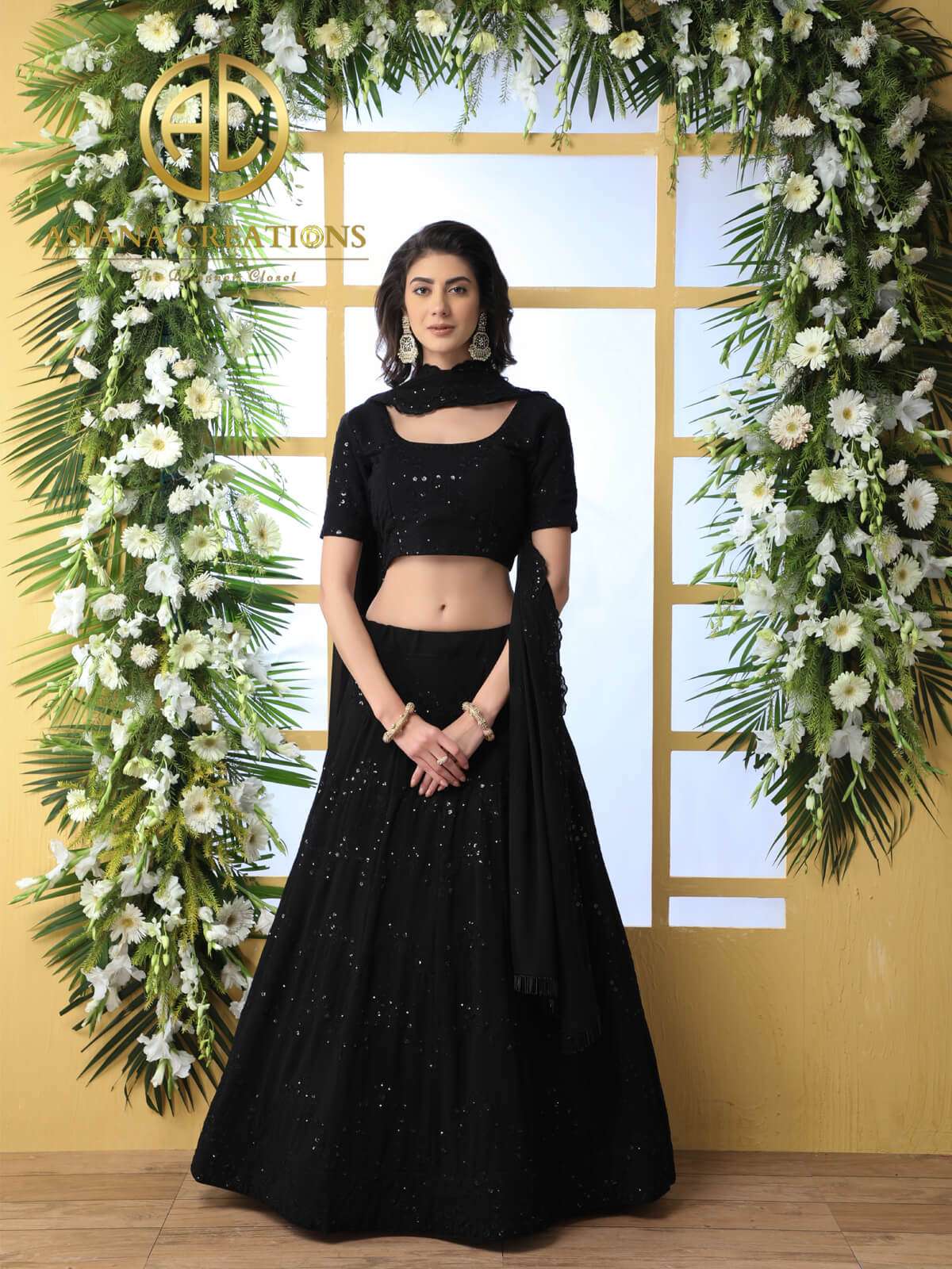 Bridal Georgette Lucknowi Mukaish Work Lehenga Set in Black