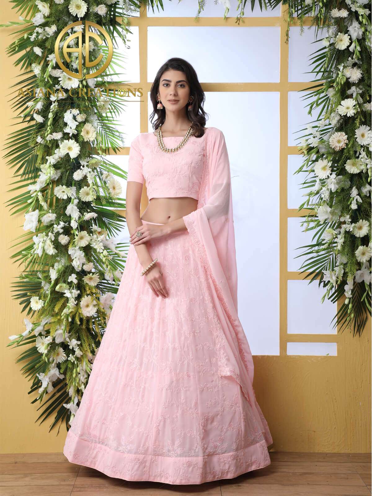 Bridal Georgette Lucknowi Mukaish Work Lehenga Set in Pink