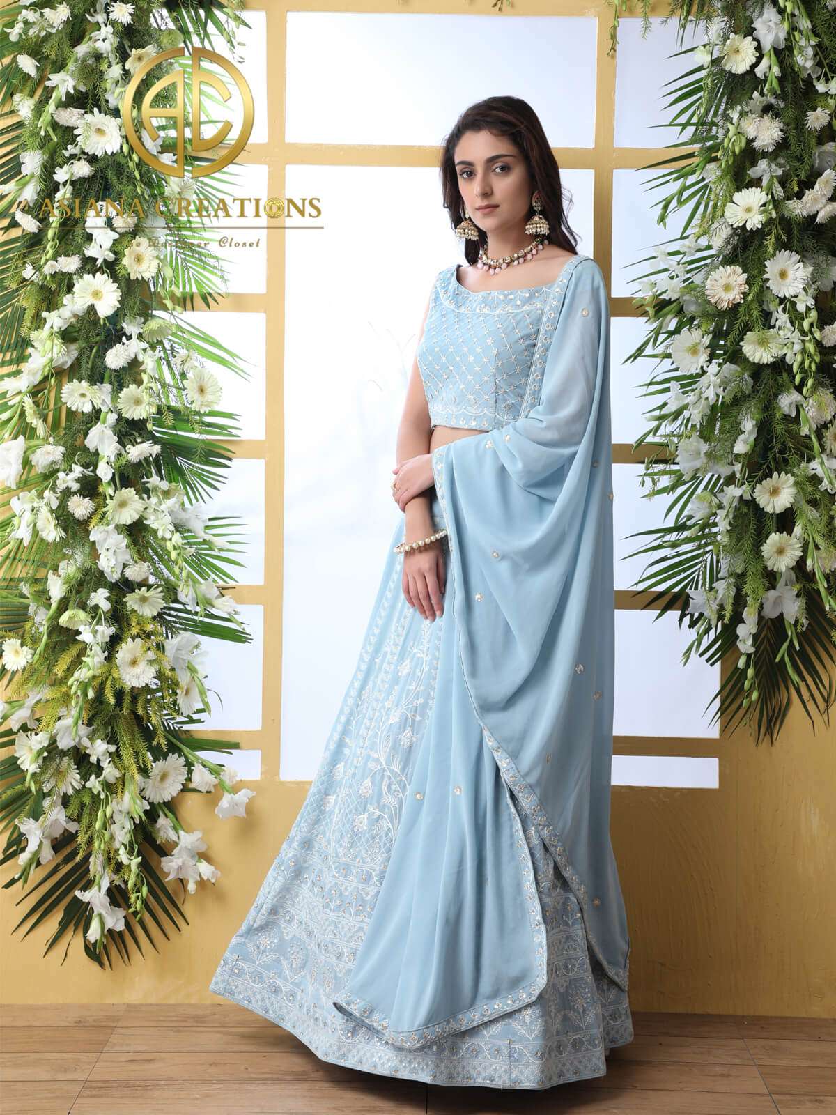 Bridal Georgette Lucknowi Mukaish Work Lehenga Set in Pastel Blue