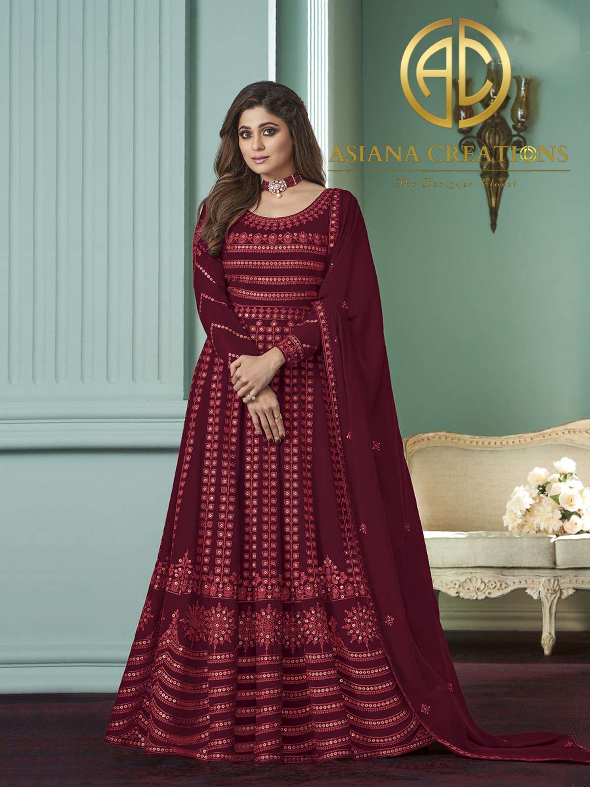 Shamita Shetty Embroidered Georgette Wine Anarkali Suits-2054