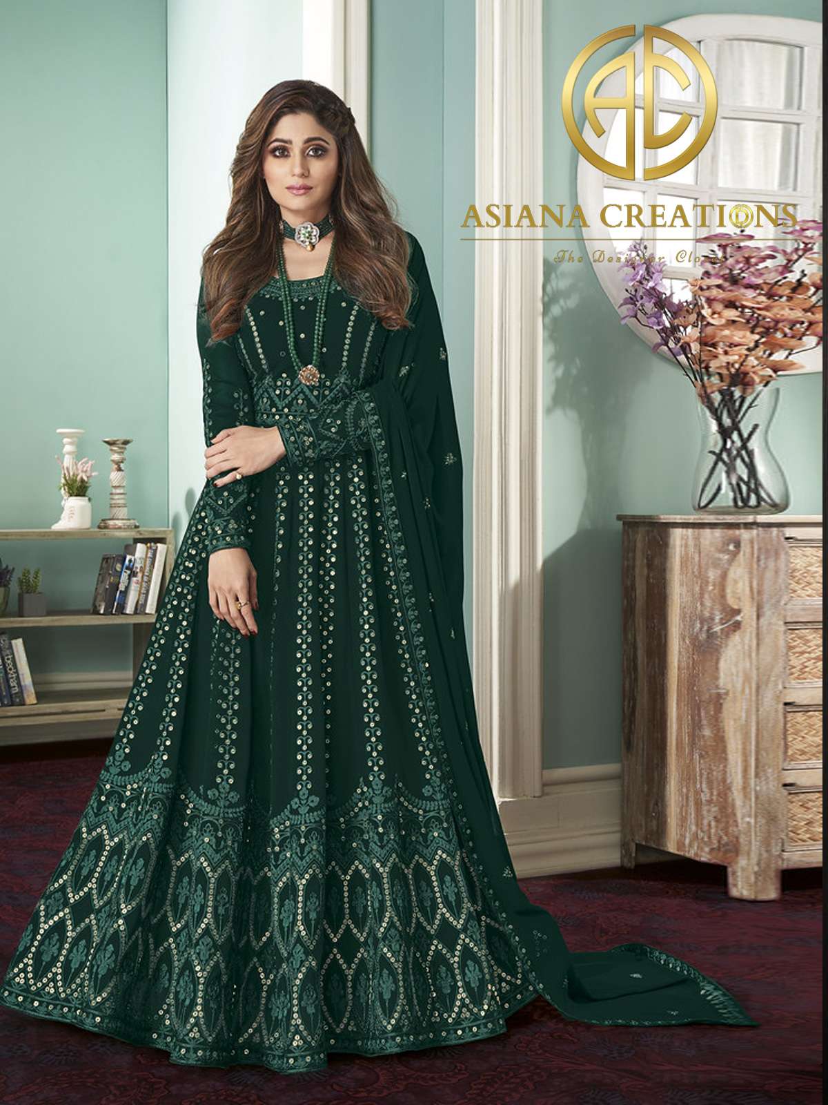 Shamita Shetty Embroidered Georgette Green Anarkali Suits-2055