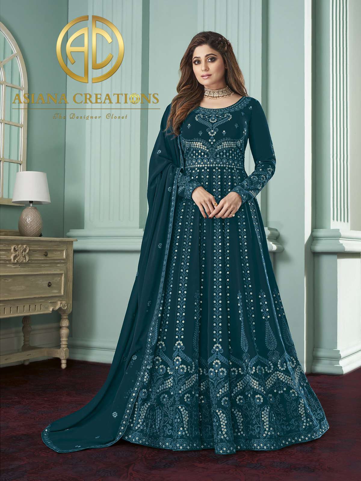 Shamita Shetty Embroidered Georgette Teal Blue Anarkali Suits-2056