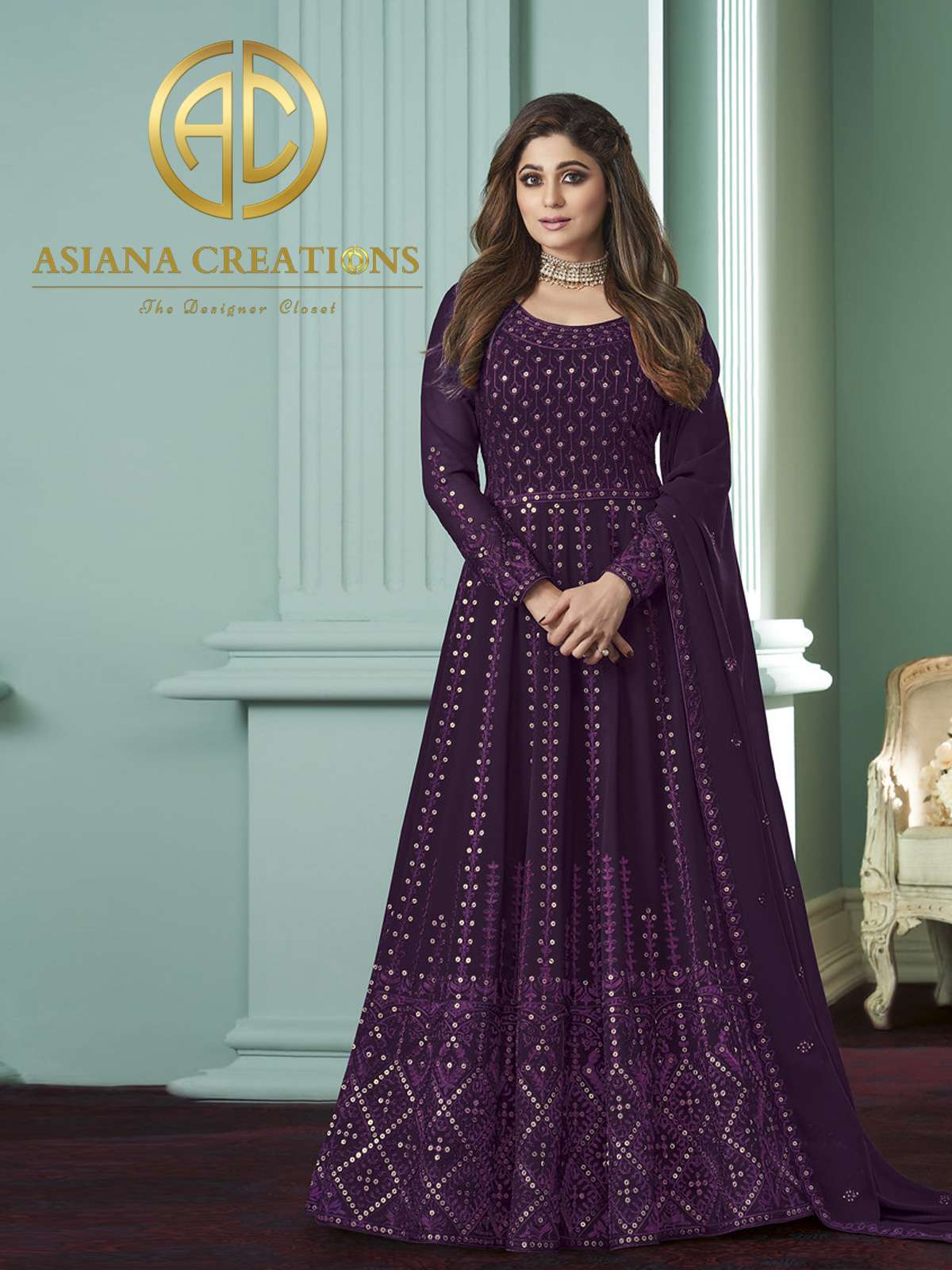 Shamita Shetty Embroidered Georgette Purple Anarkali Suits-2057