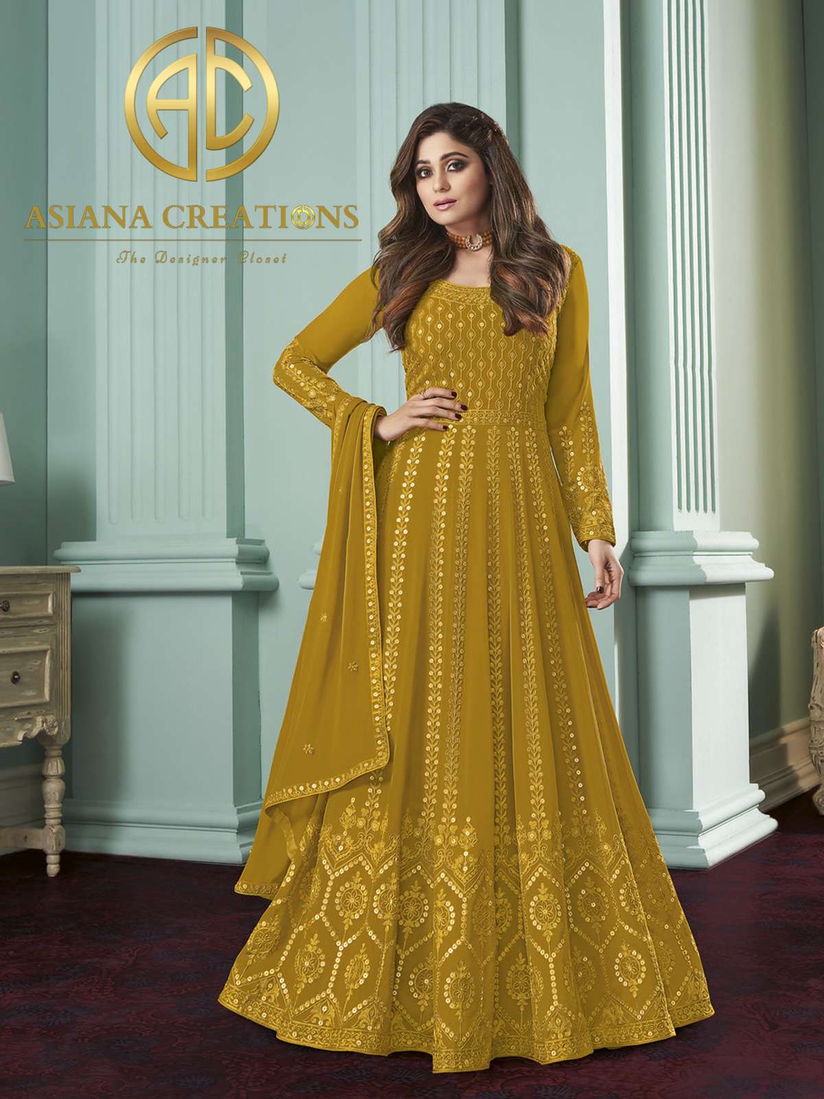 Shamita Shetty Embroidered Georgette Mustard Anarkali Suits-2058