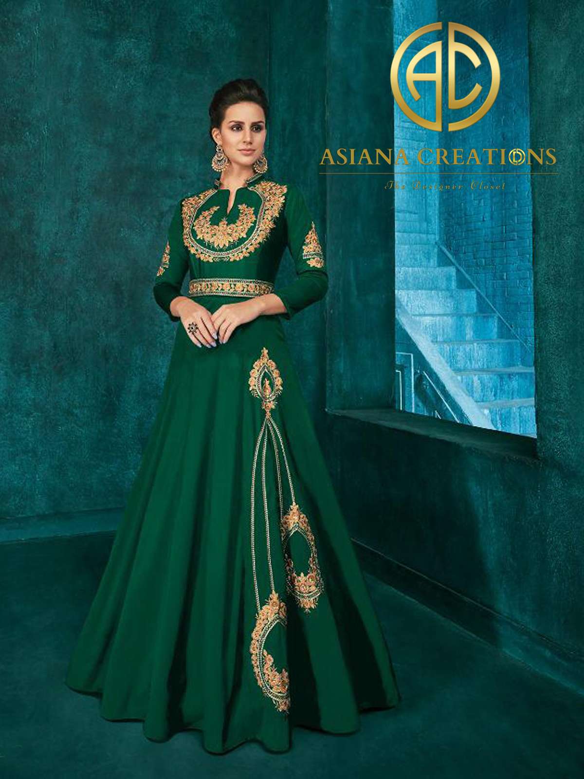 Art Silk Embroidered Green Traditional Gown-2064