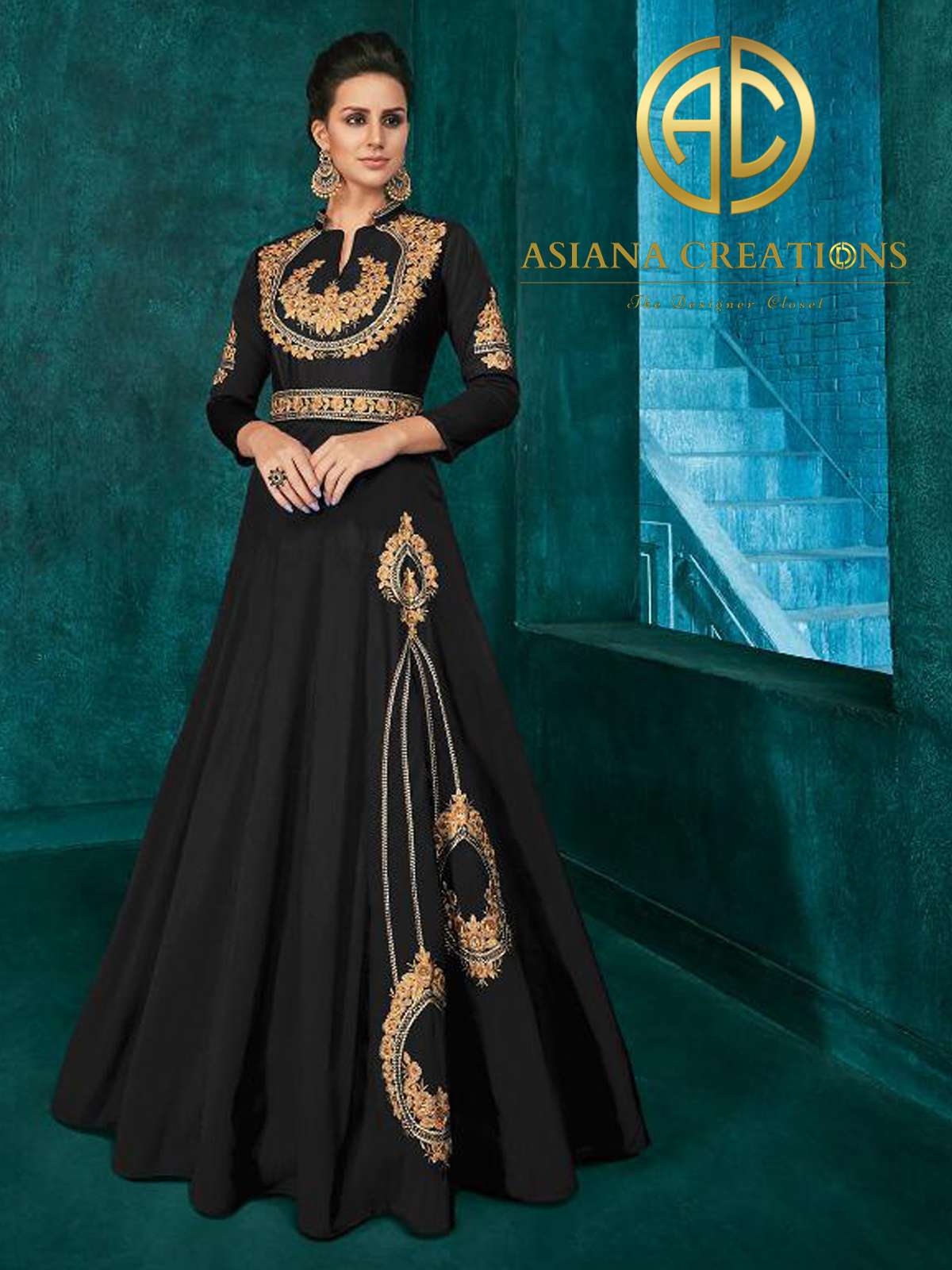 Art Silk Embroidered Black Traditional Gown-2066