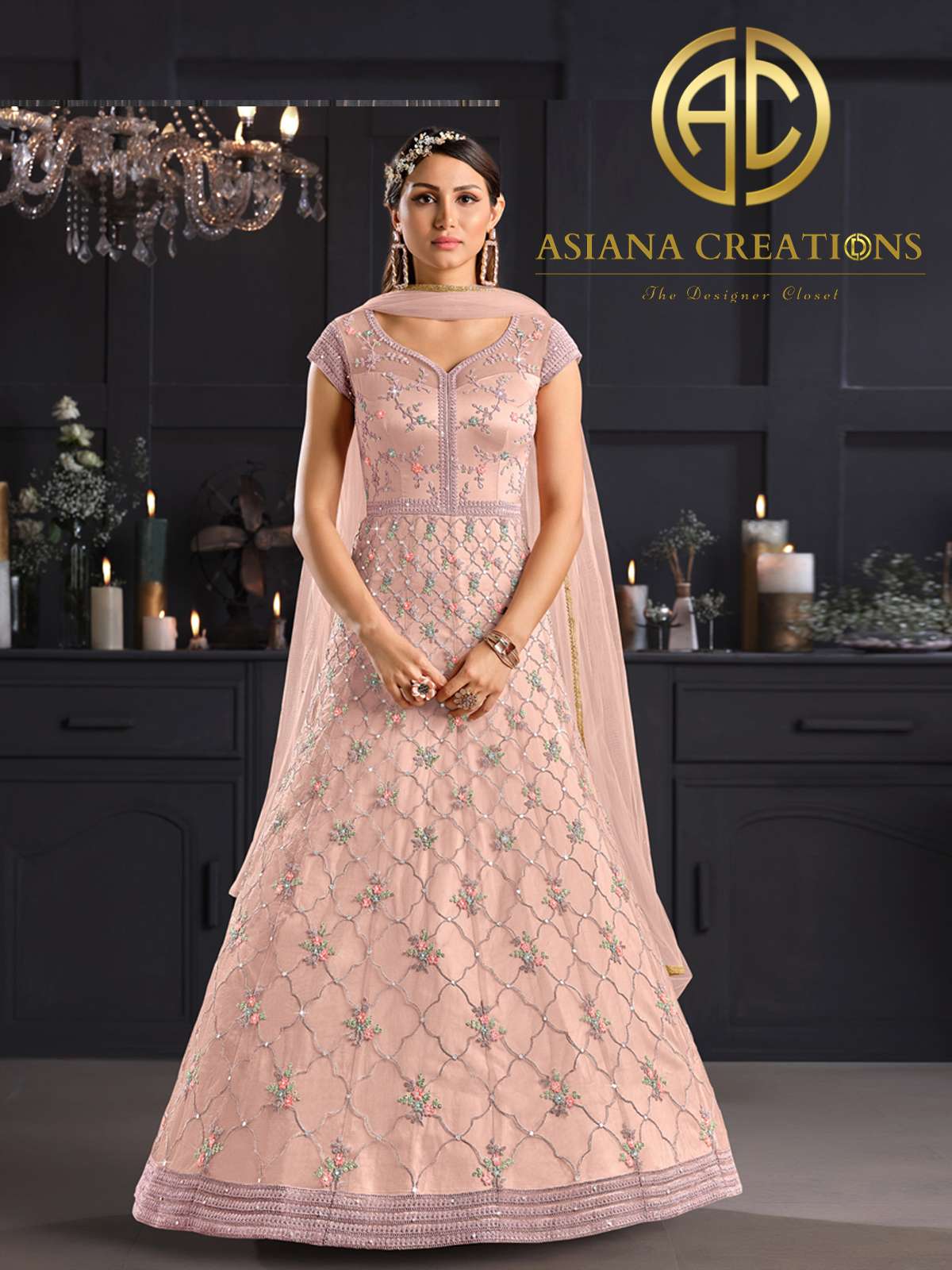 Net Embroidered Pink Designer Anarkali Suits-2067