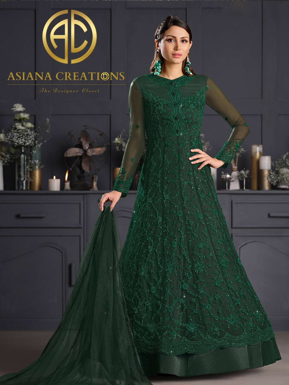 Net Embroidered Green Designer Anarkali Suits-2068
