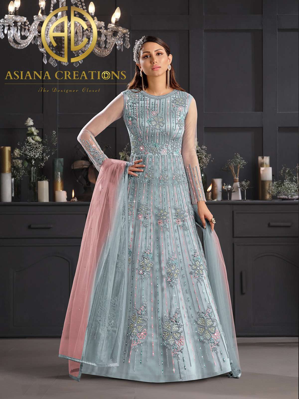 Net Embroidered Blue Designer Anarkali Suits-2073
