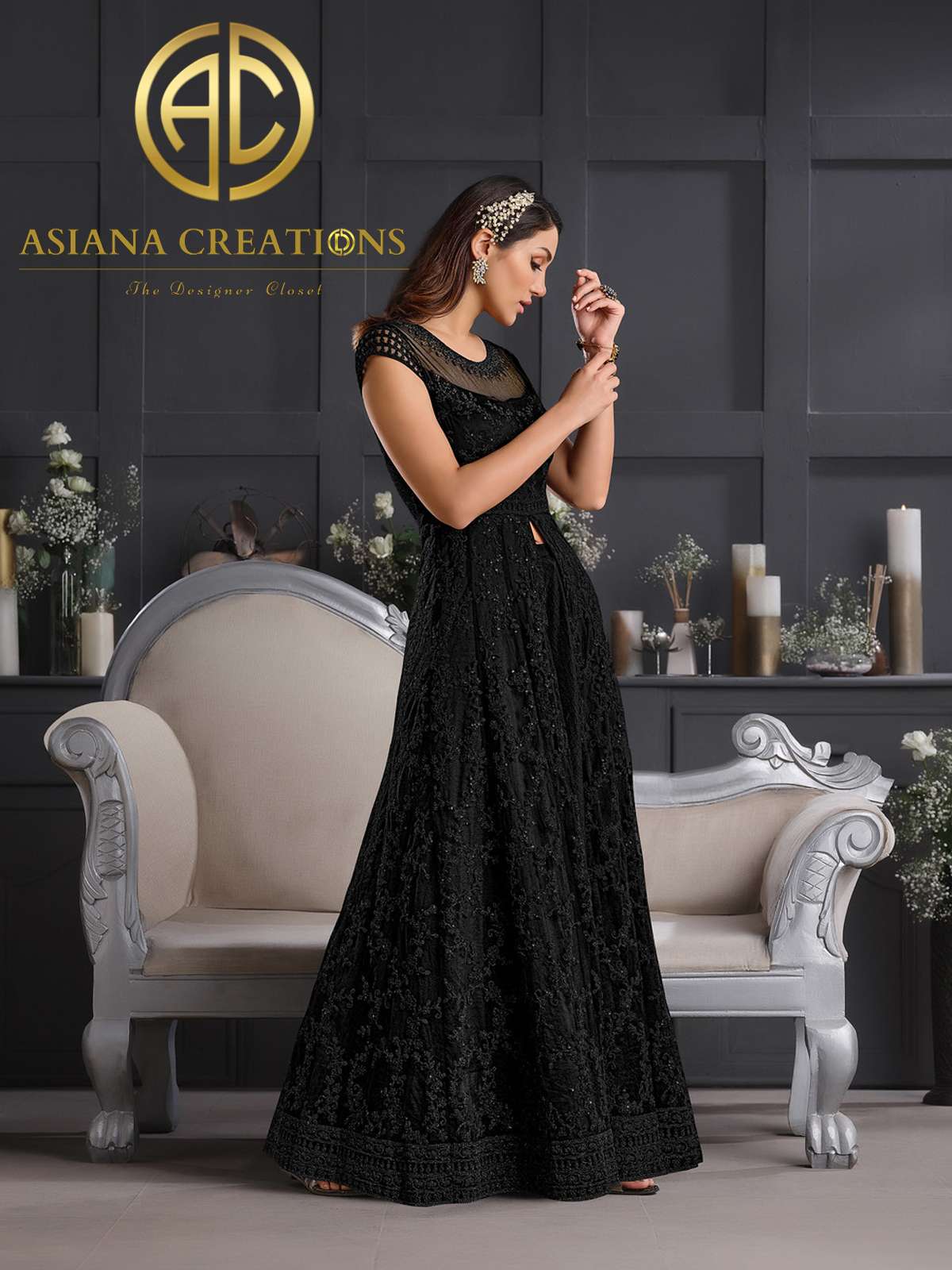 Net Embroidered Black Designer Anarkali Suits-2074