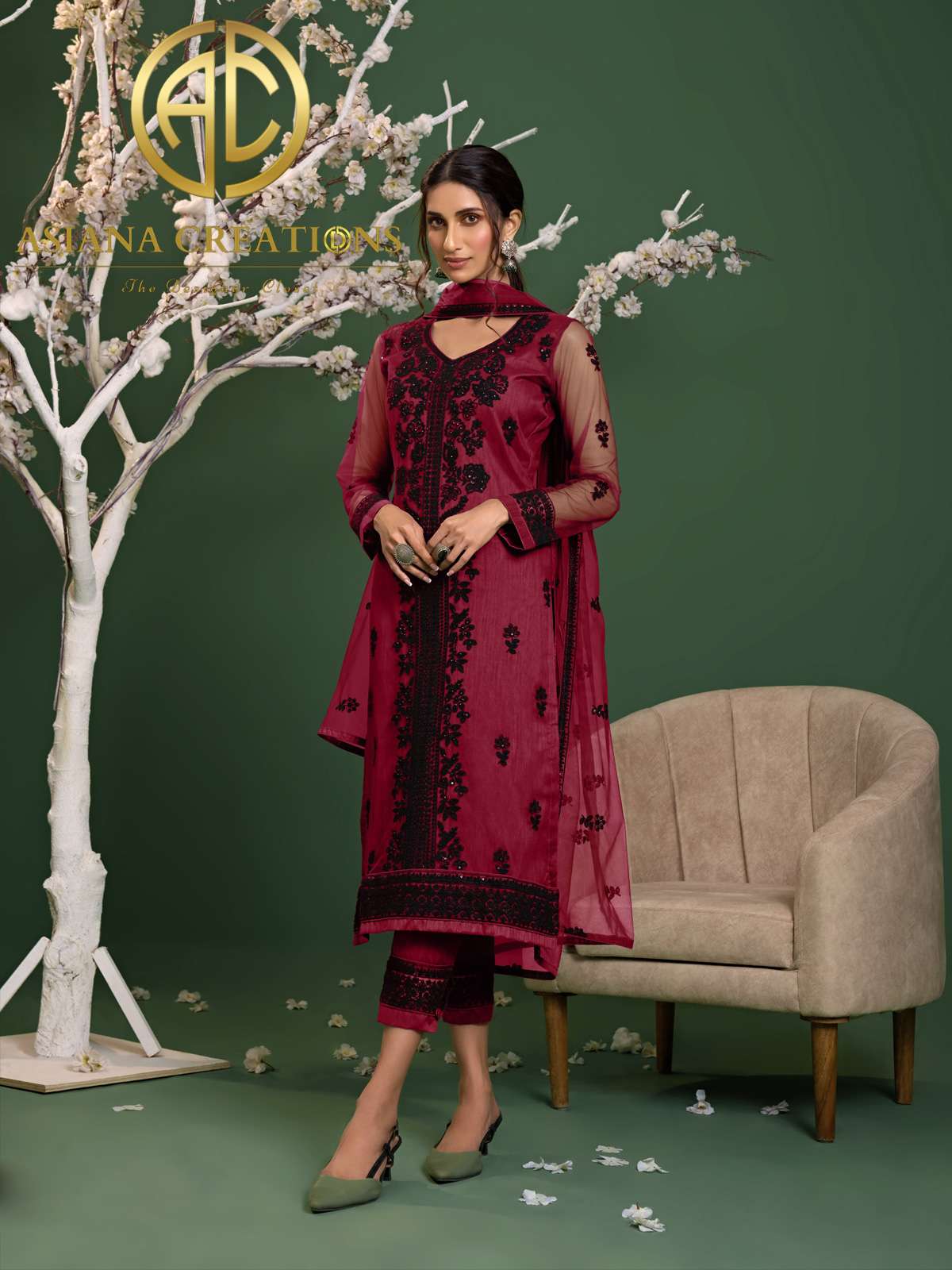 Net Embroidered Red Designer Salwar Suits-2076
