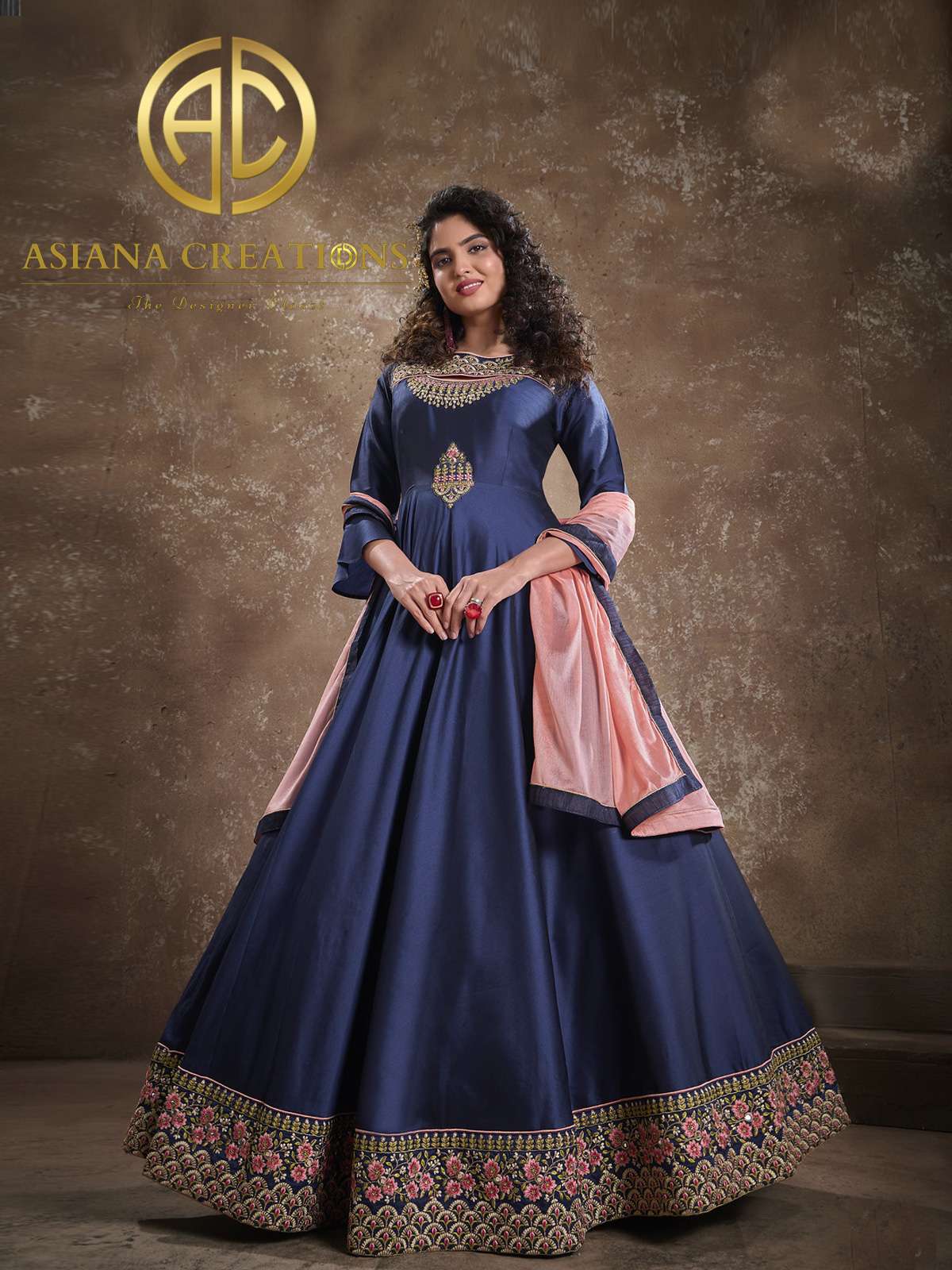 Art Silk Embroidered Navy Blue Traditional Gown with Dupatta-2139