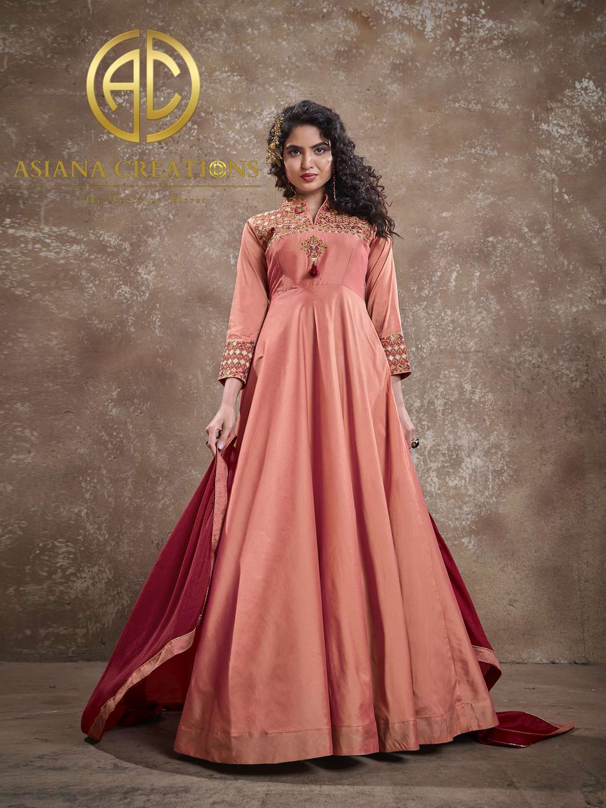 Art Silk Embroidered Peach Traditional Gown with Dupatta-2143