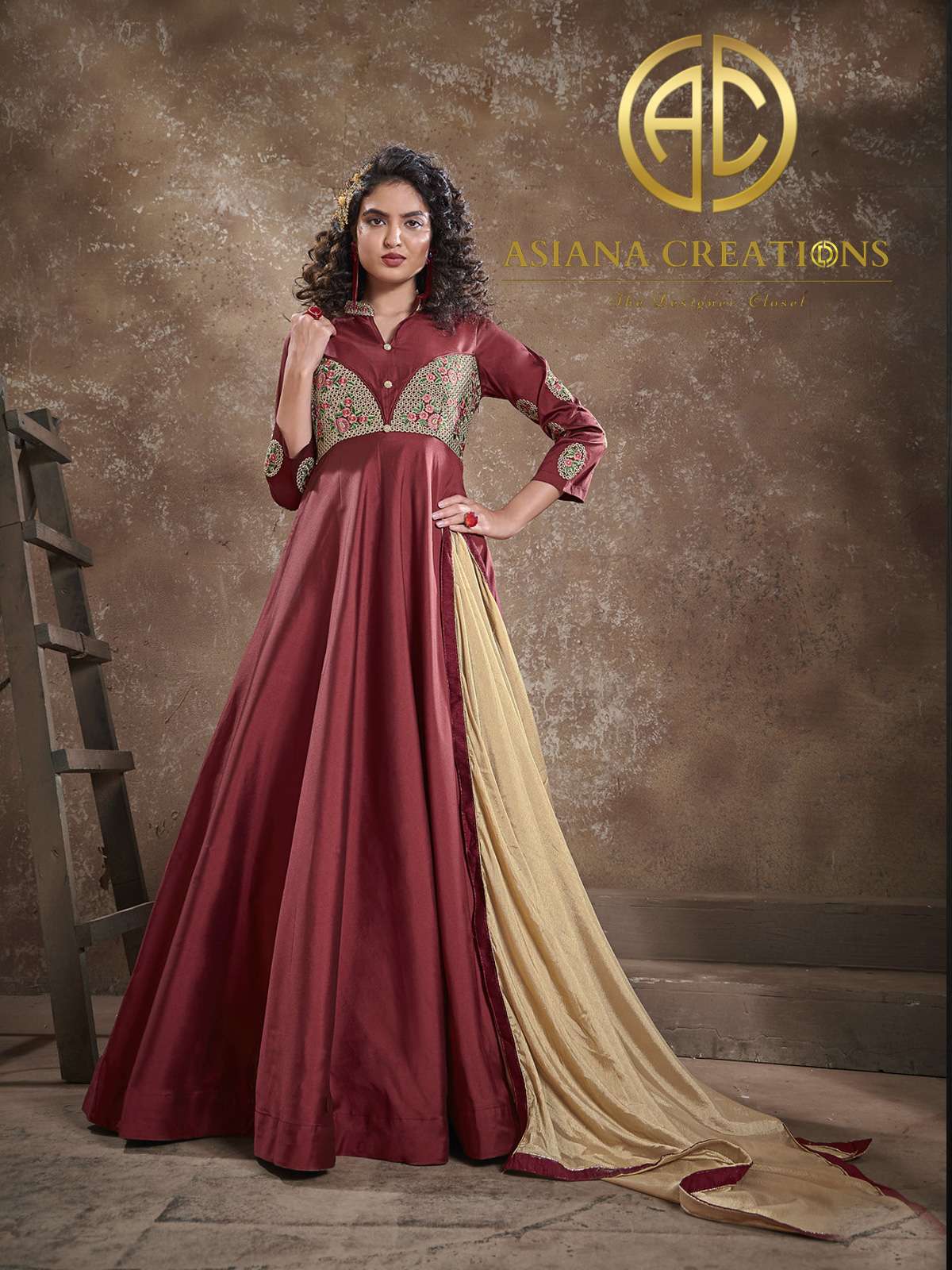 Art Silk Embroidered Maroon Traditional Gown with Dupatta-2144