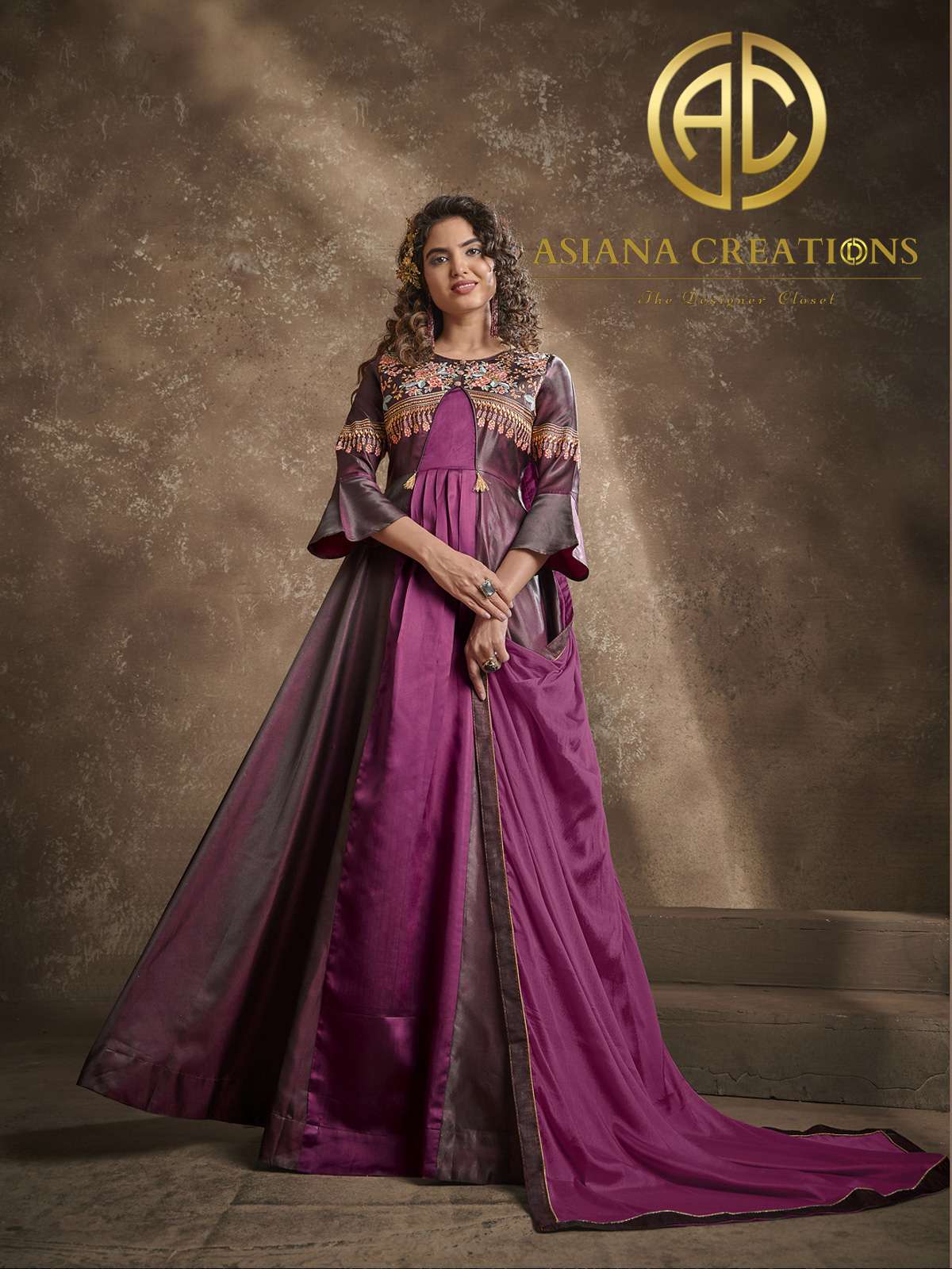 Art Silk Embroidered Purple Traditional Gown with Dupatta-2145
