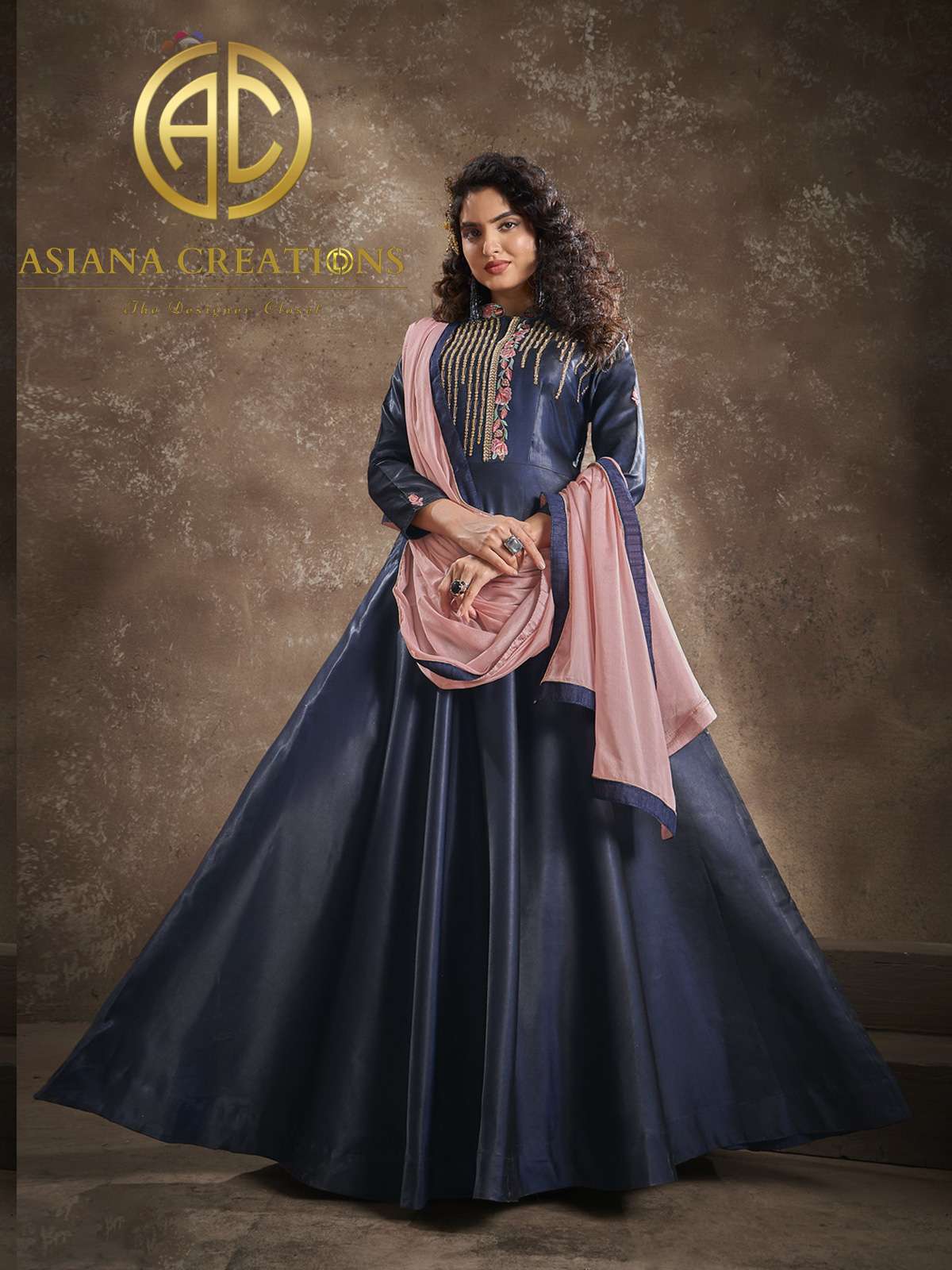 Art Silk Embroidered Navy Blue Traditional Gown with Dupatta-2147