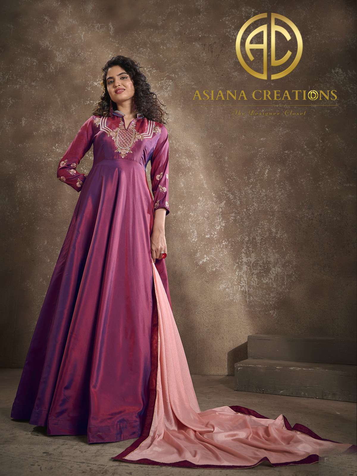 Art Silk Embroidered Wine Traditional Gown with Dupatta-2148