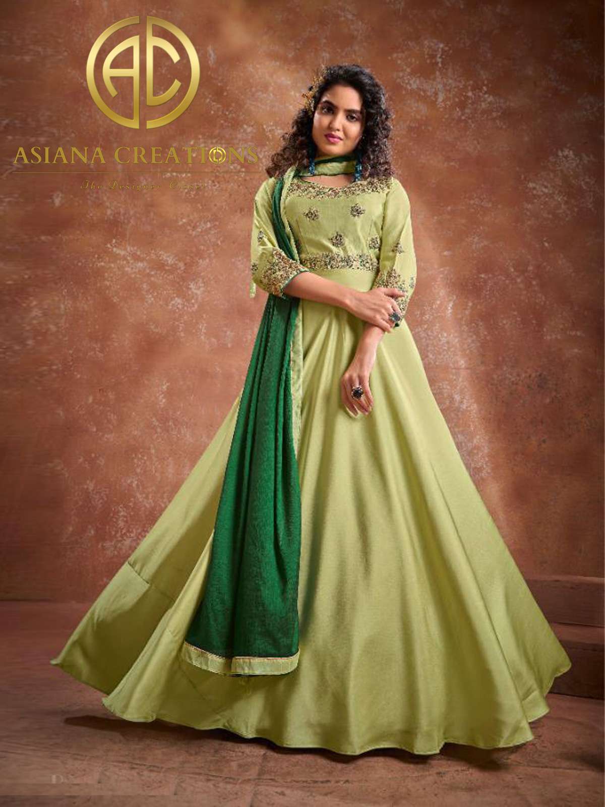 Art Silk Embroidered Green Traditional Gown with Dupatta-2152