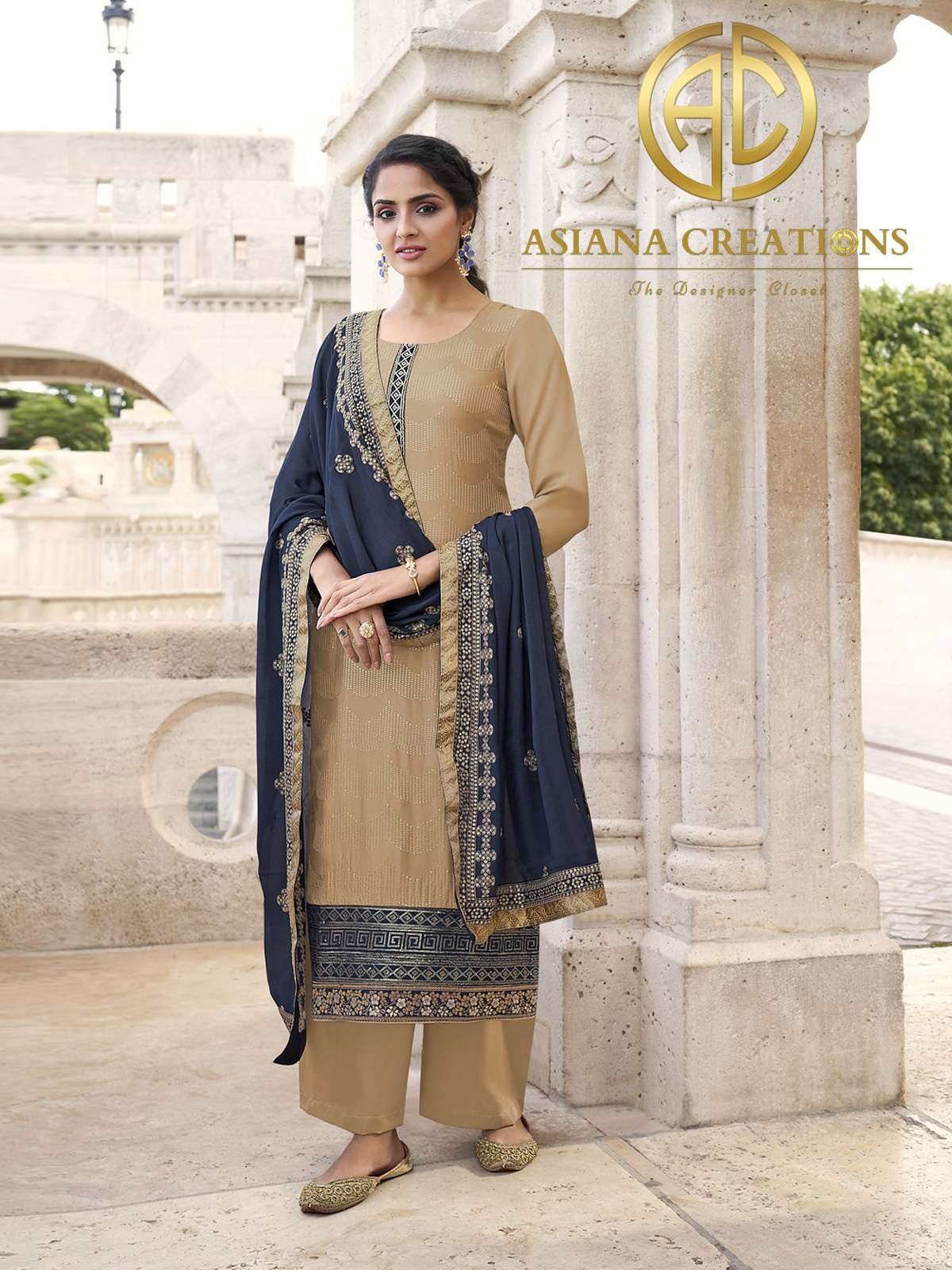 Chinnon Embroidered Beige Palazzo Suits-2158