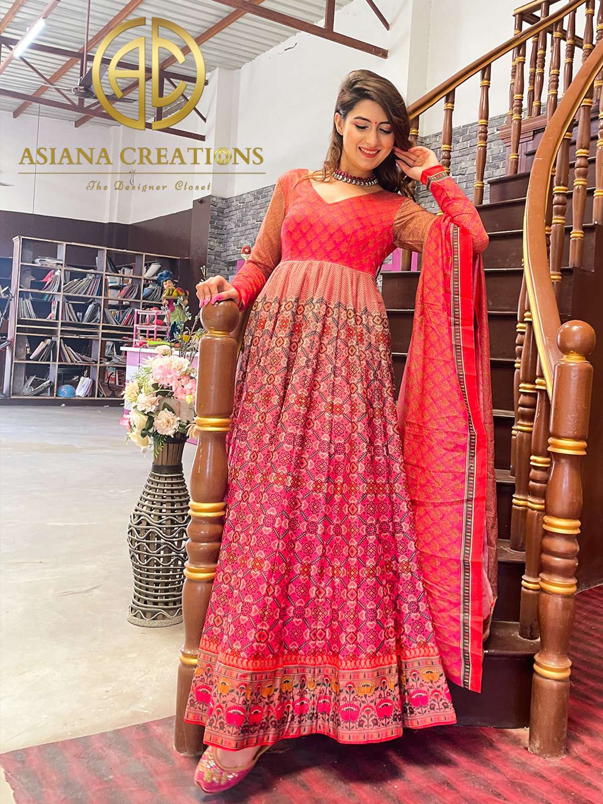 Chanderi Digital Printed Pink Gown with Dupatta-2163