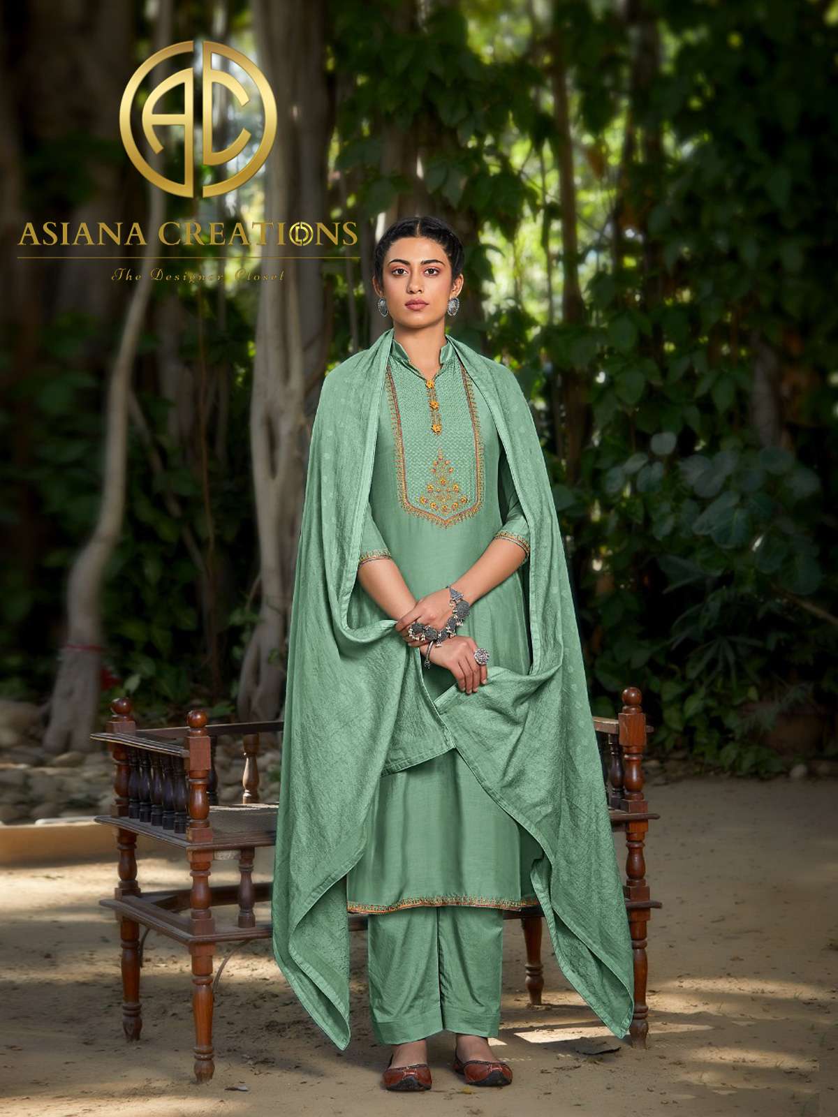 Viscose Muslin Green Embroidered Salwar Suits-2170