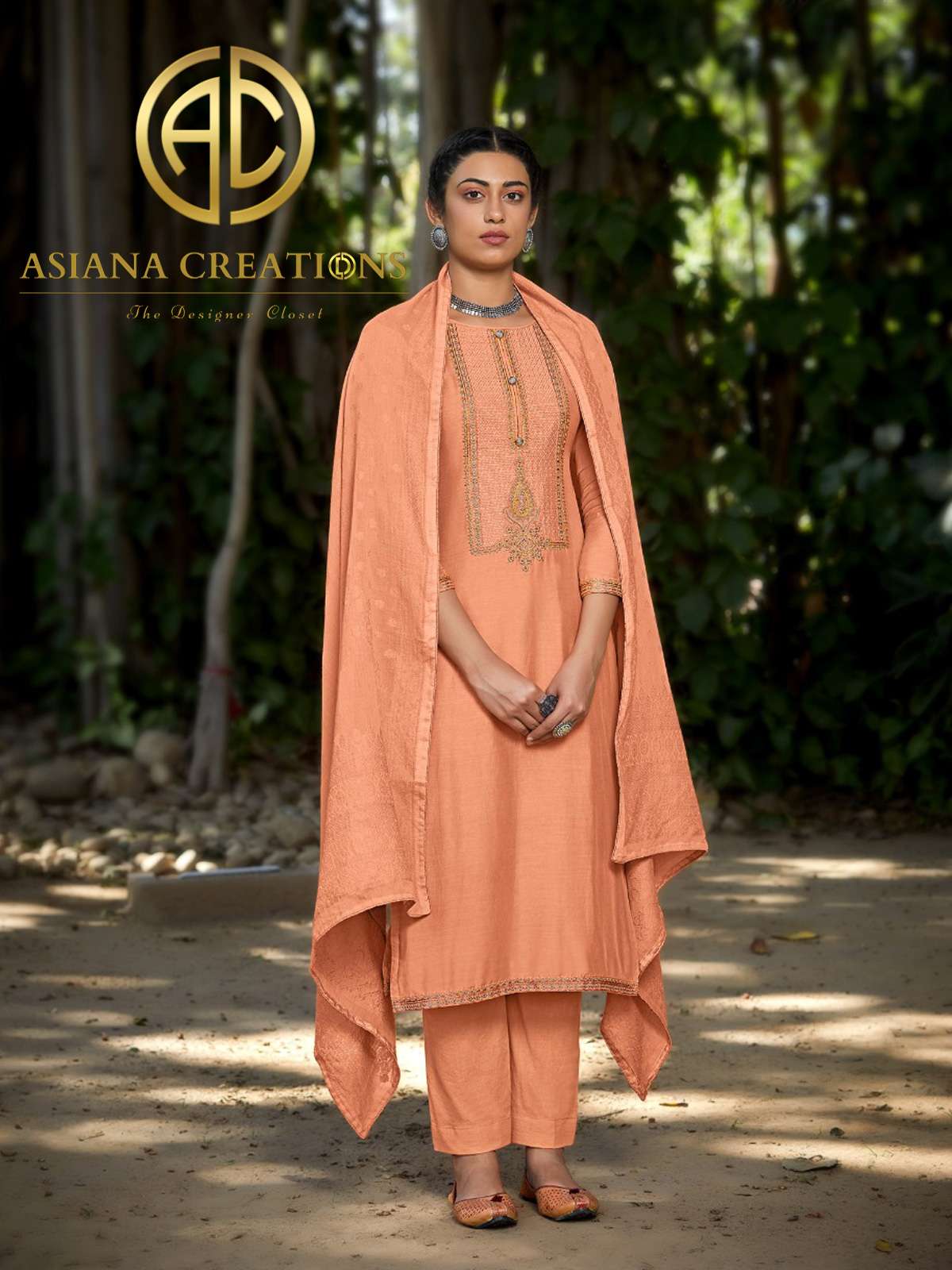Viscose Muslin Orange Embroidered Salwar Suits-2172