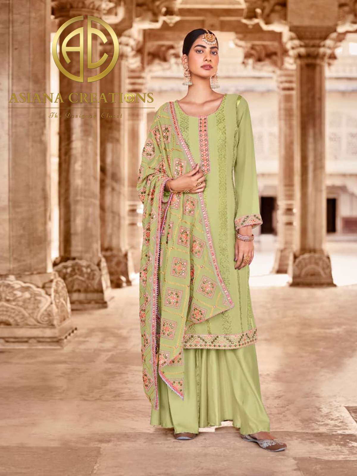 Georgette Embroidered Green Palazzo Suits-2175
