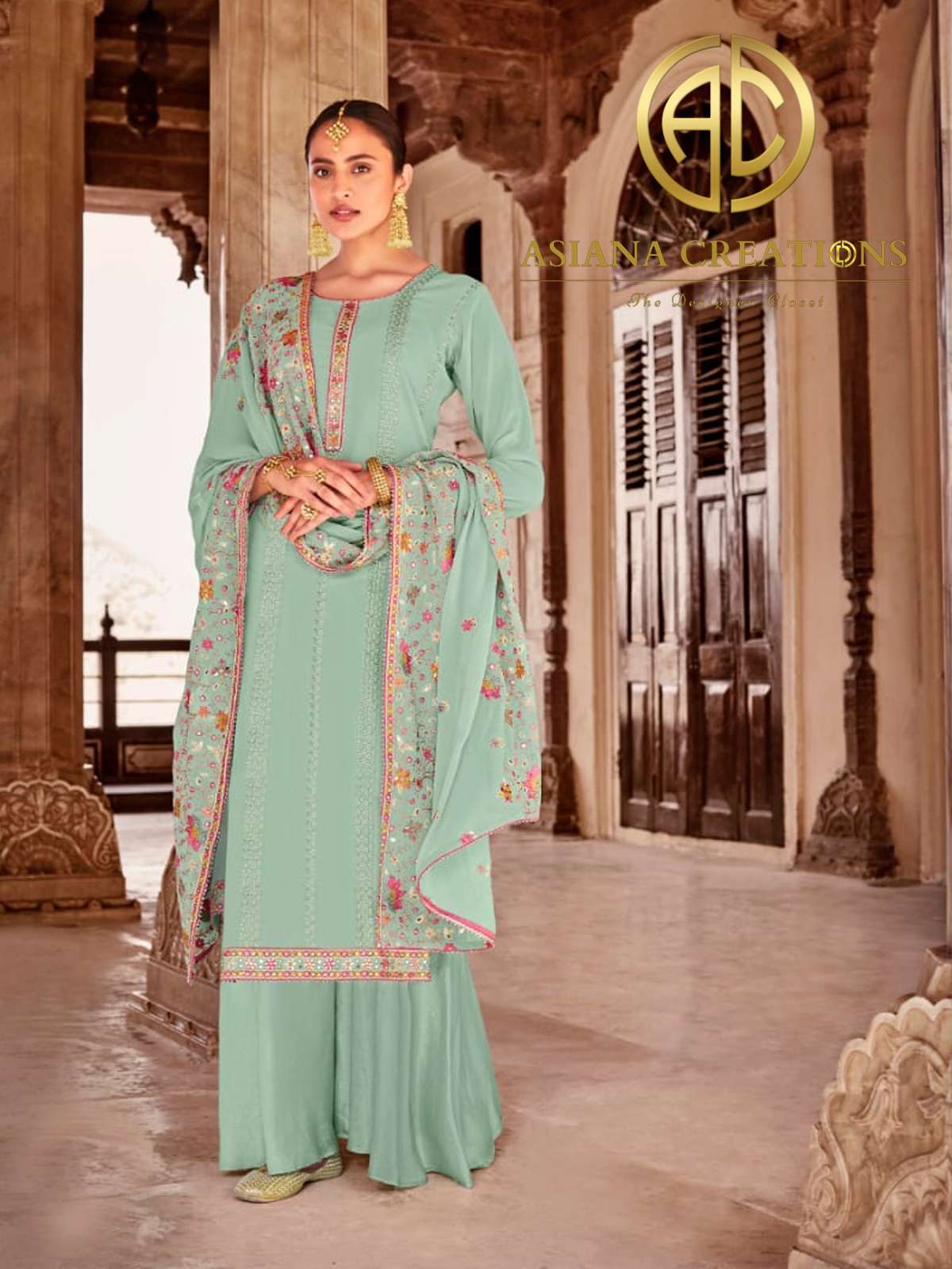 Georgette Embroidered Blue Palazzo Suits-2177