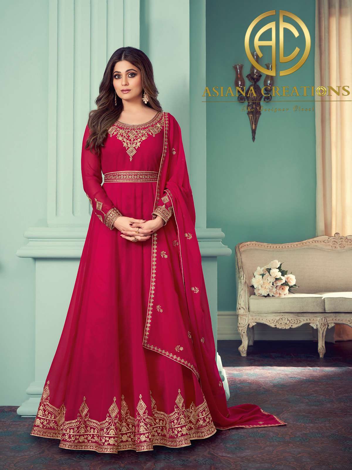 Shamita Shetty Georgette Embroidered Pink Anarkali Suits-2237