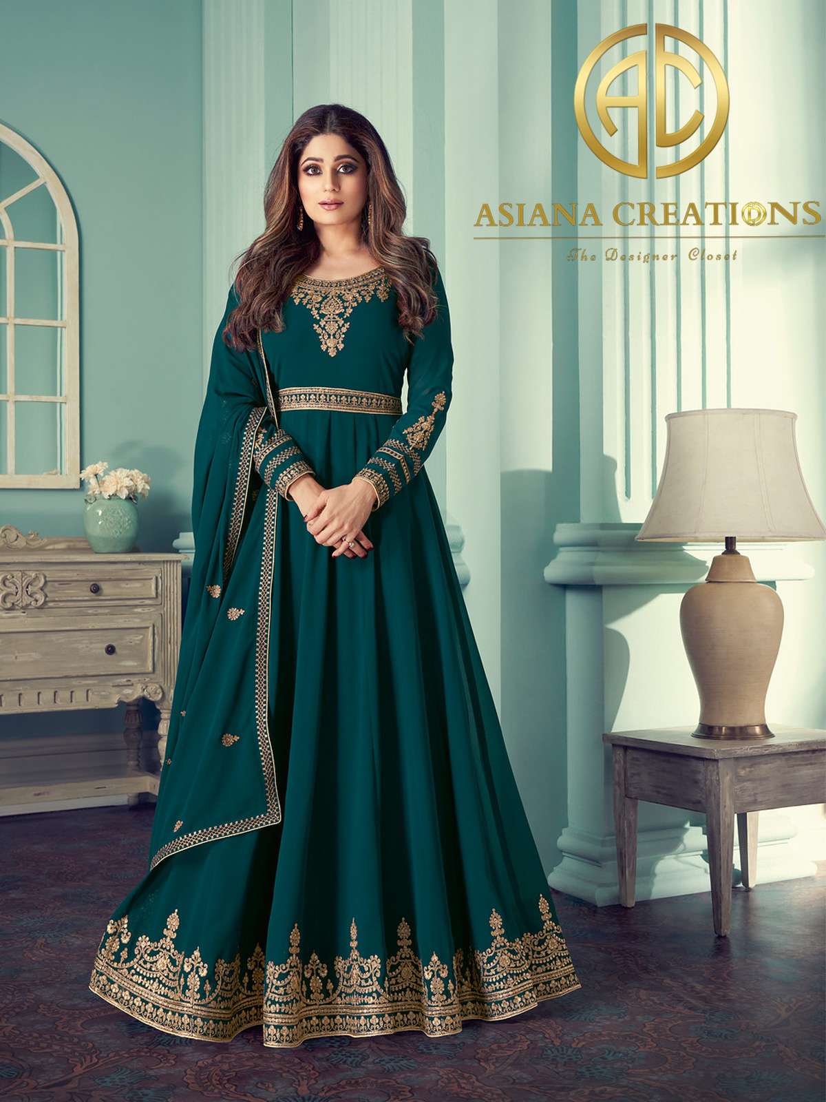 Shamita Shetty Georgette Embroidered Teal Green Anarkali Suits-2238