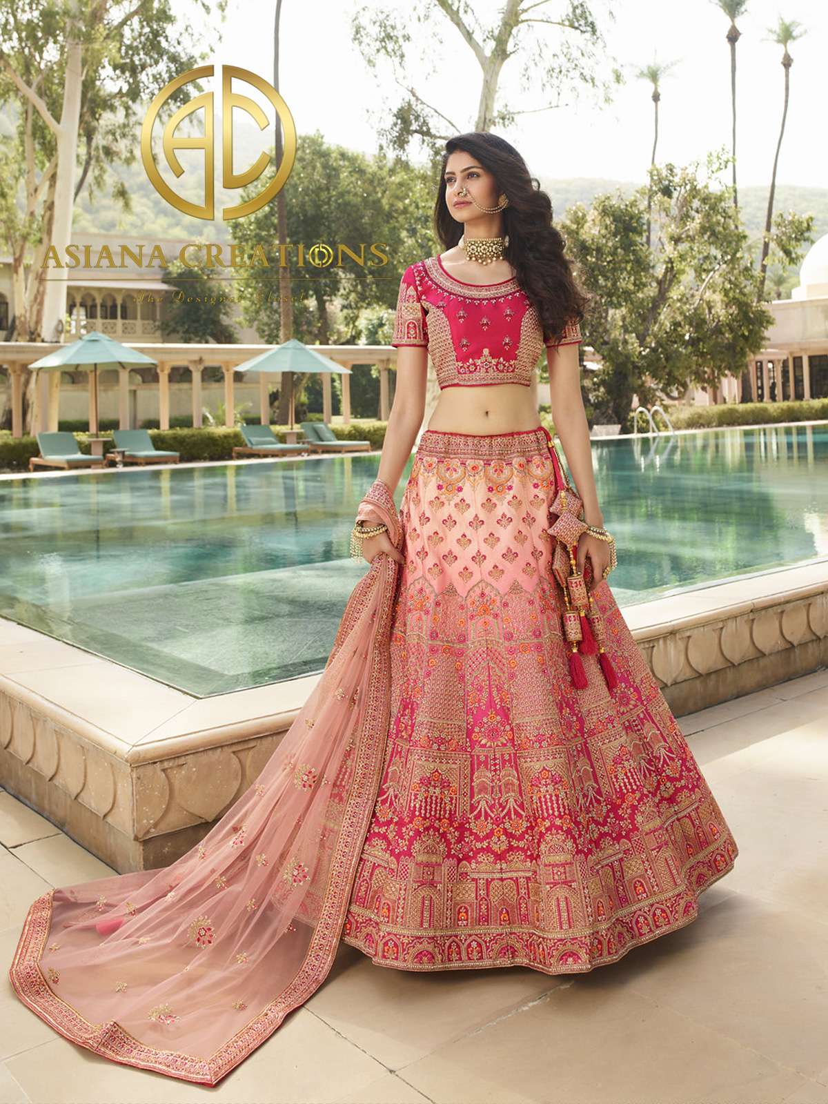 Satin Silk Heavy Embroidered Bridal Ombre Pink Lehenga Sets-2252