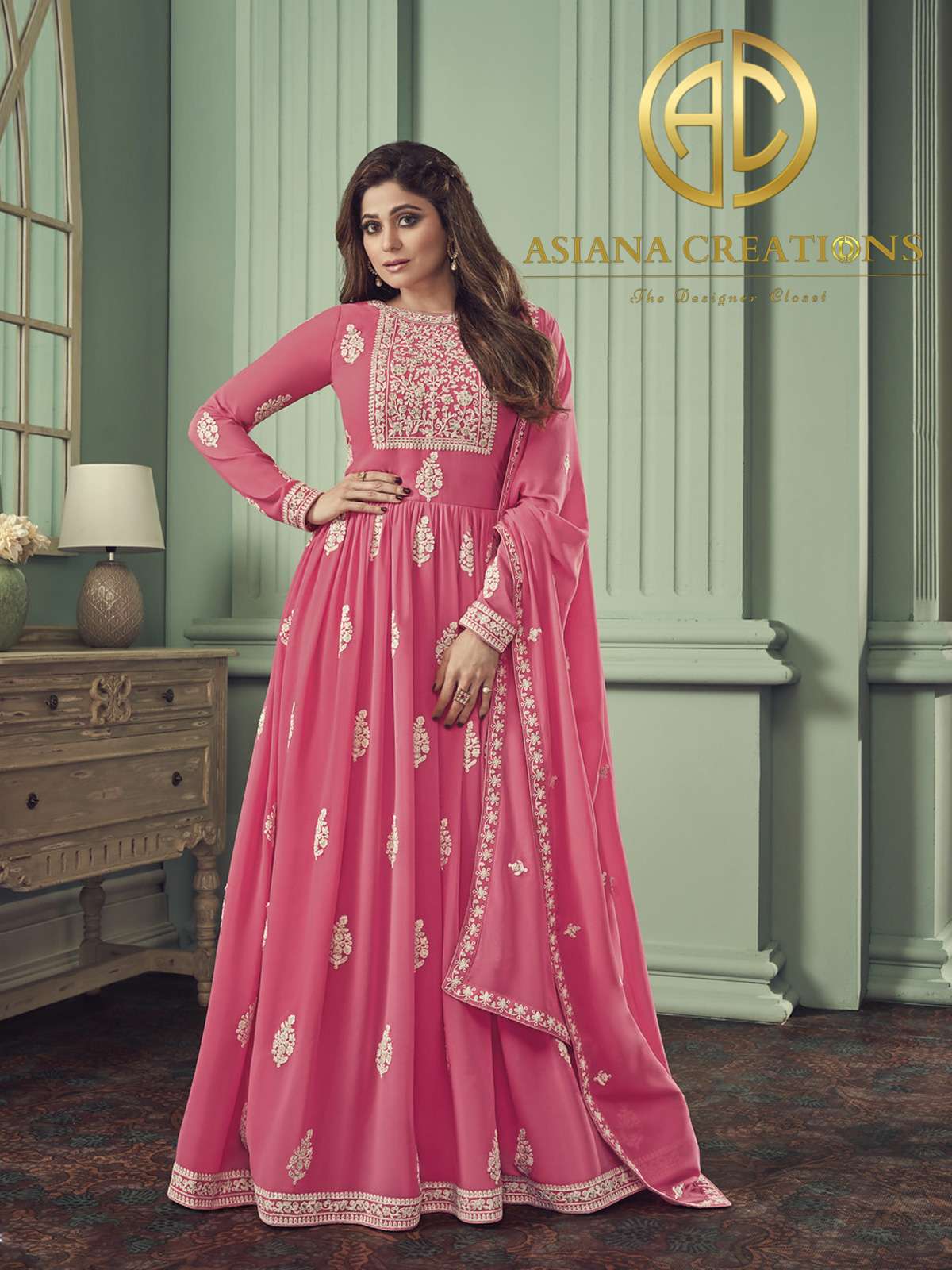 Shamita Shetty Georgette Embroidered Pink Anarkali Suits-2273