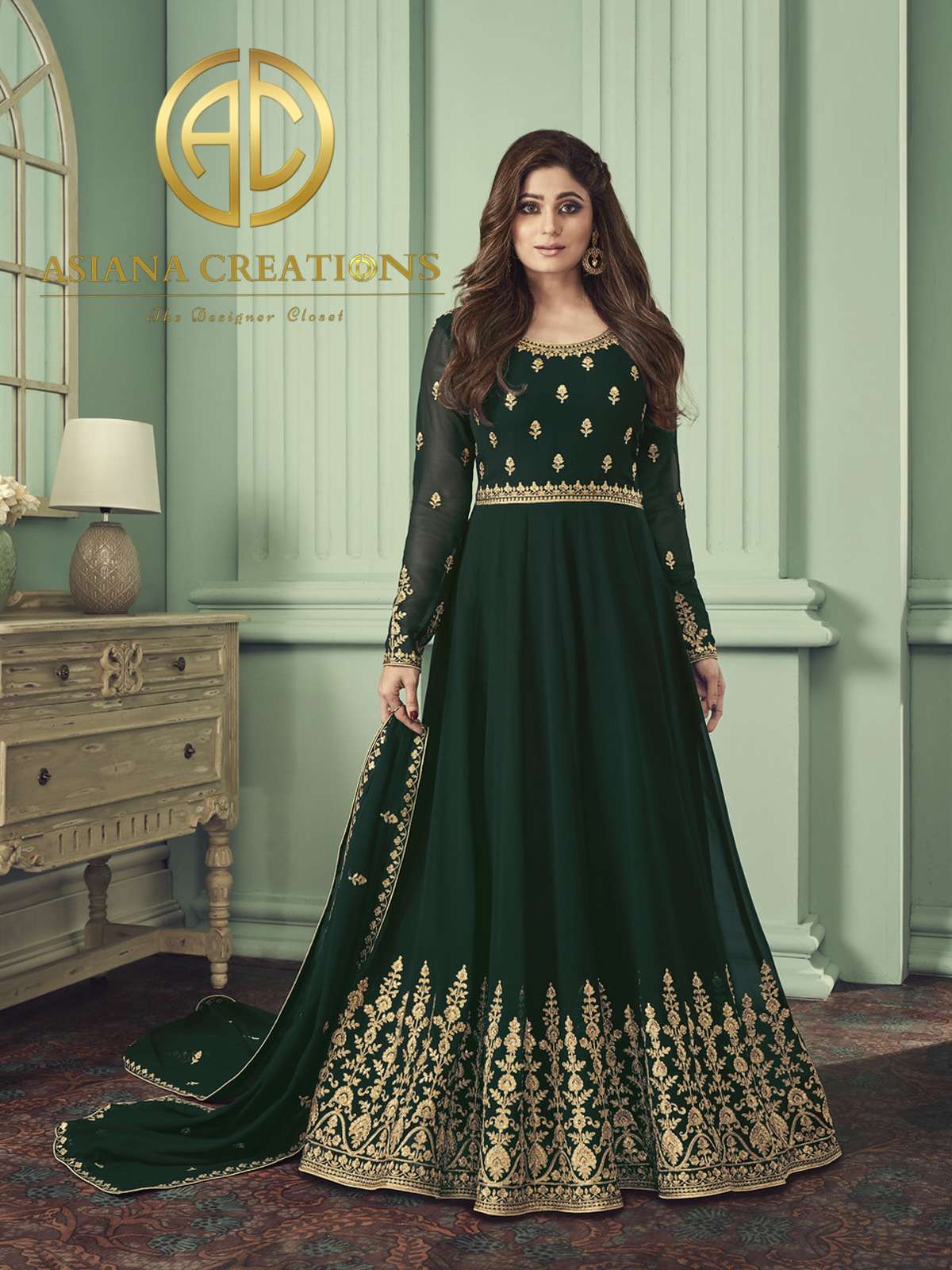 Shamita Shetty Georgette Embroidered Dark Green Anarkali Suits-2274