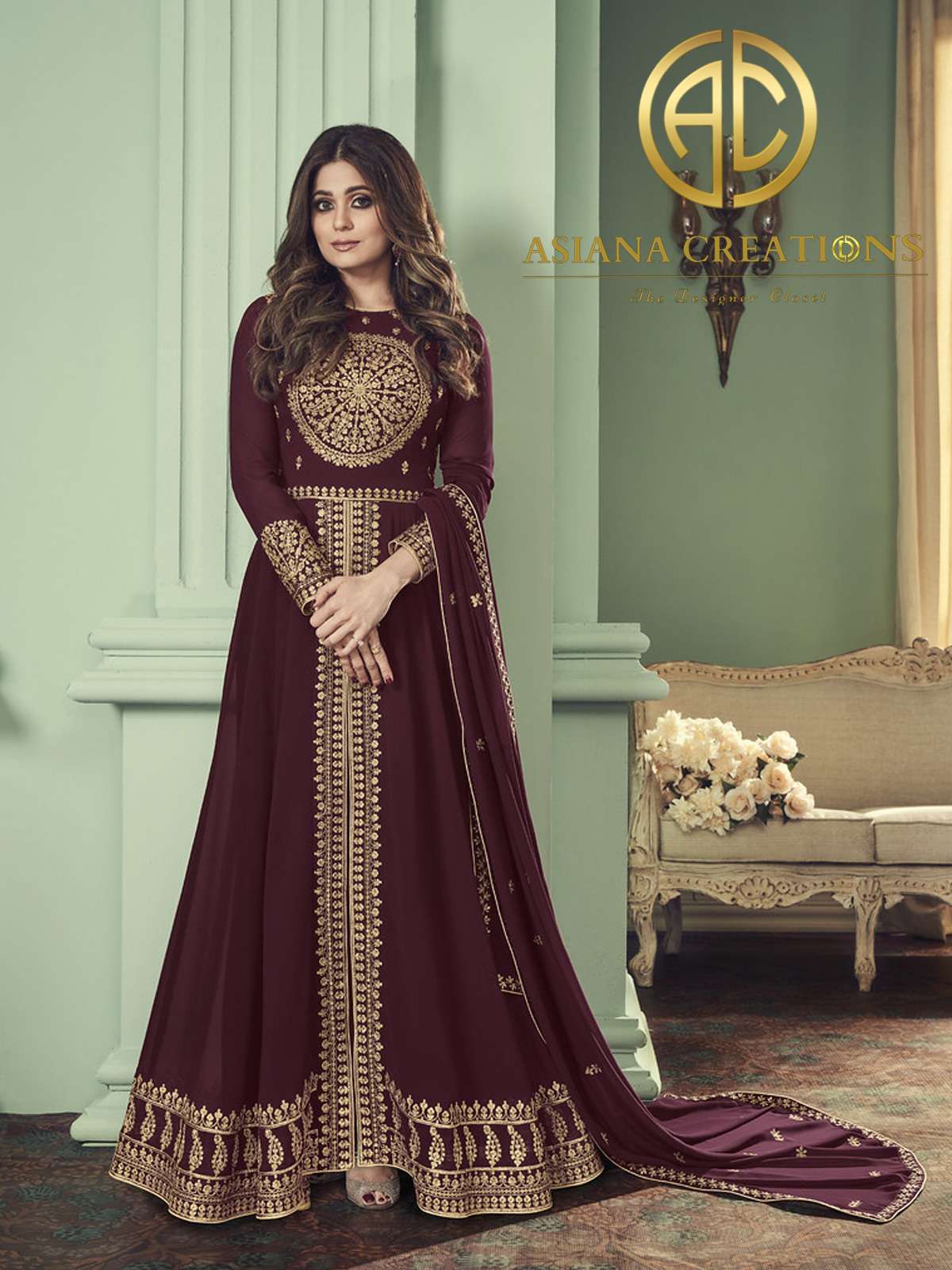 Shamita Shetty Georgette Embroidered Brown Anarkali Suits-2276