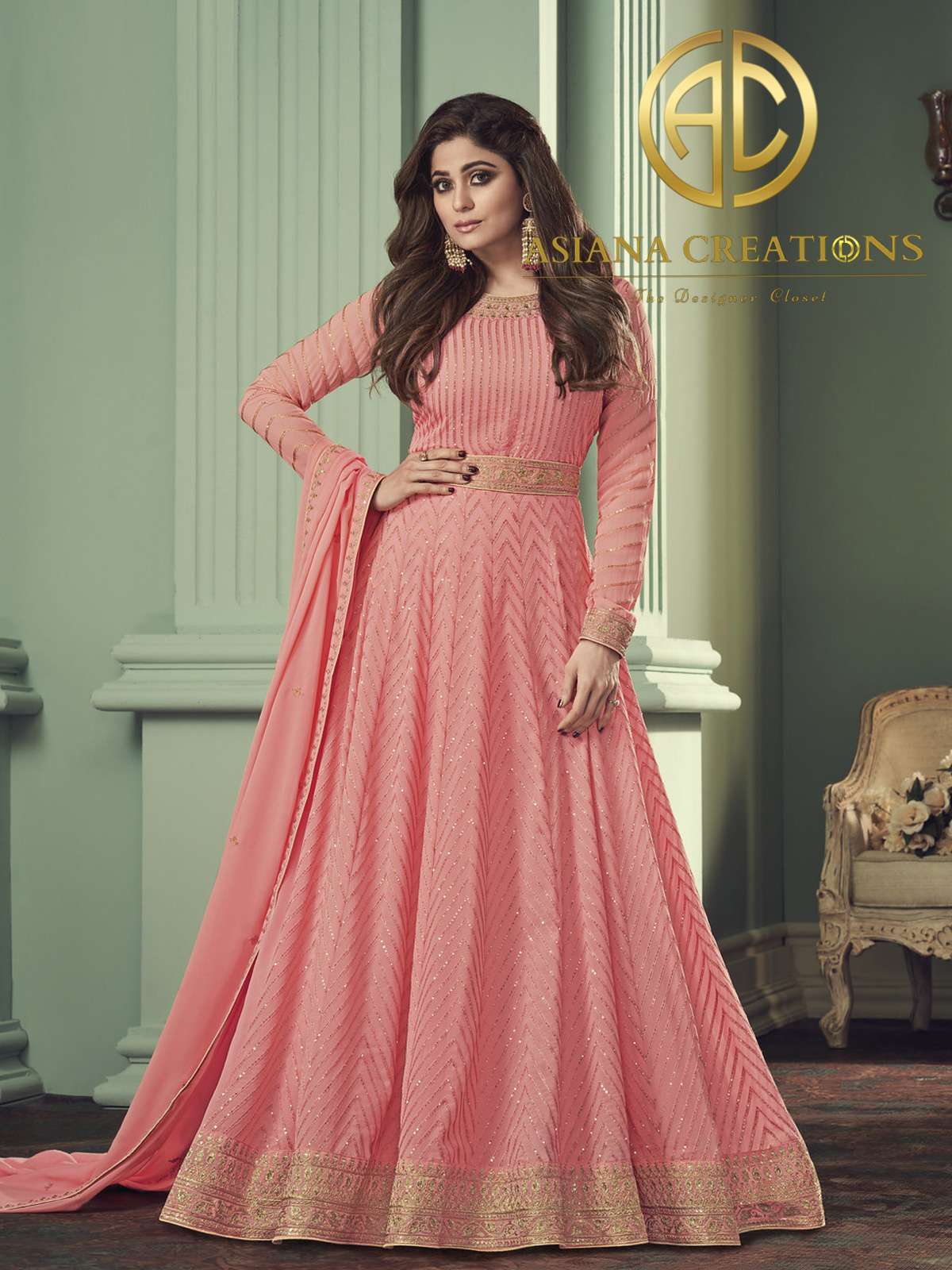 Shamita Shetty Georgette Embroidered Pink Anarkali Suits-2277