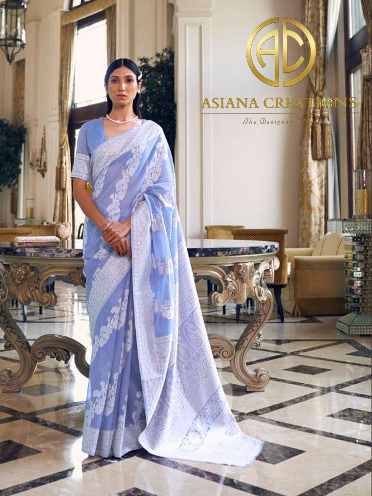 Modal Silk Sky Blue Lucknowi Chikenkari Worked Saree-2245