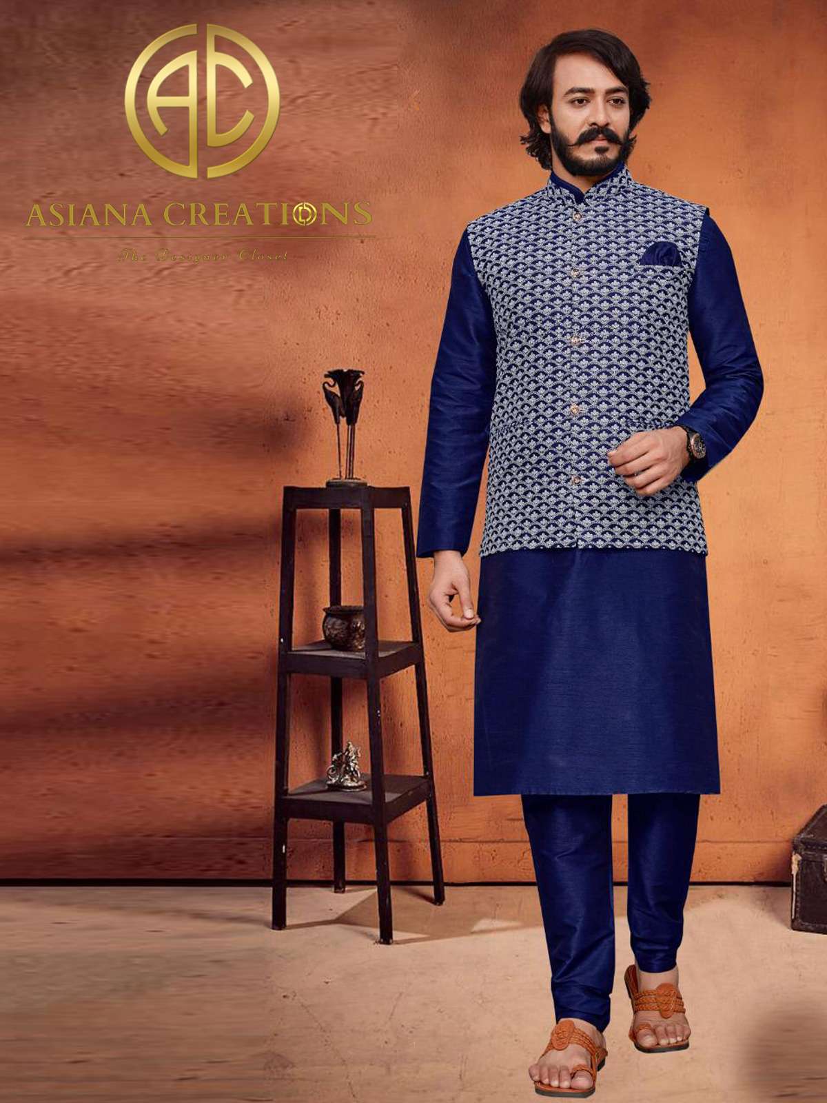 Art Silk Navy Blue Lucknowi Worked Men's Wear Kurta Pyjama with Jacket-2278