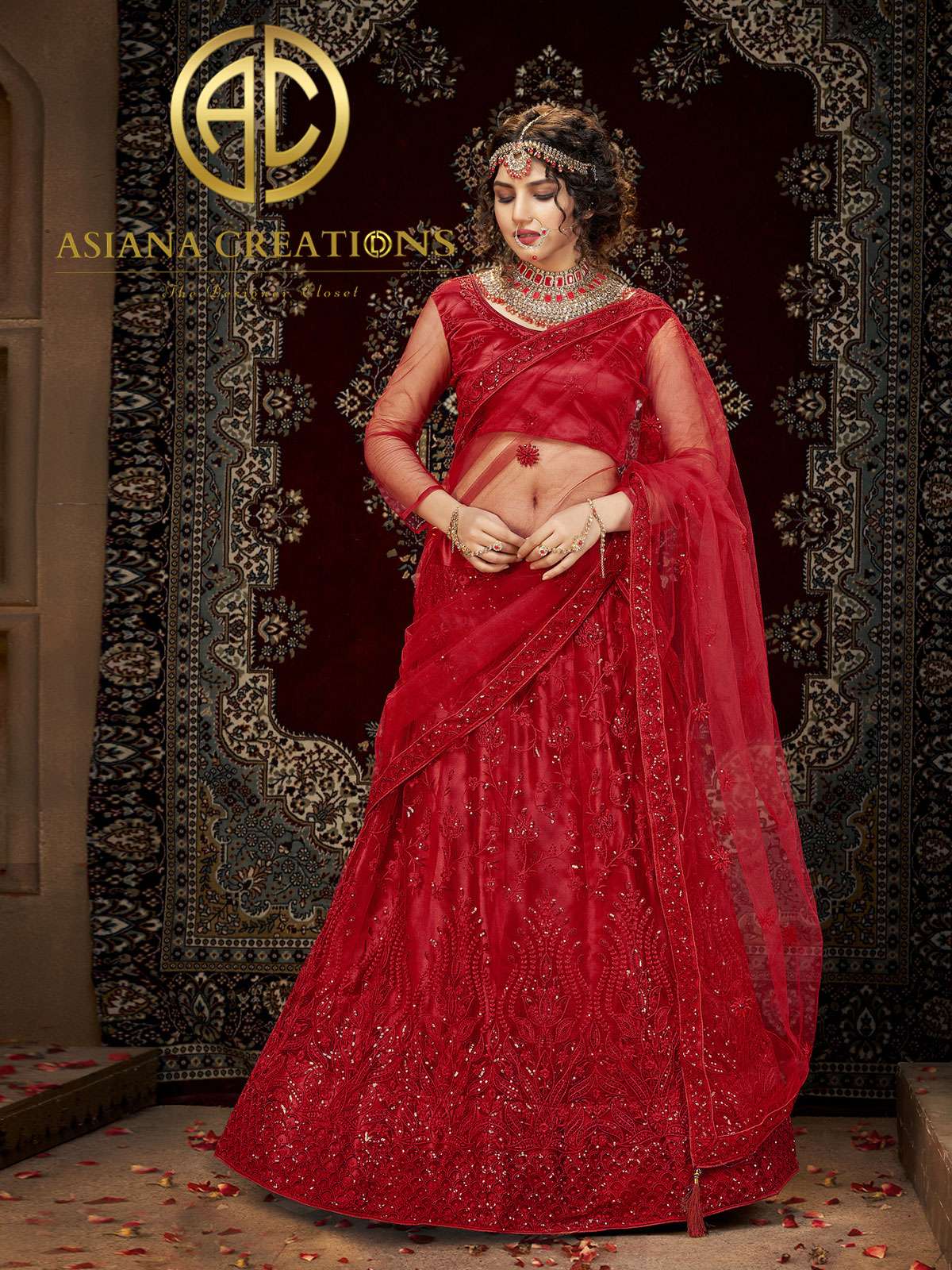 Net Red Embroidered Bridal Lehenga Set for Reception-2321
