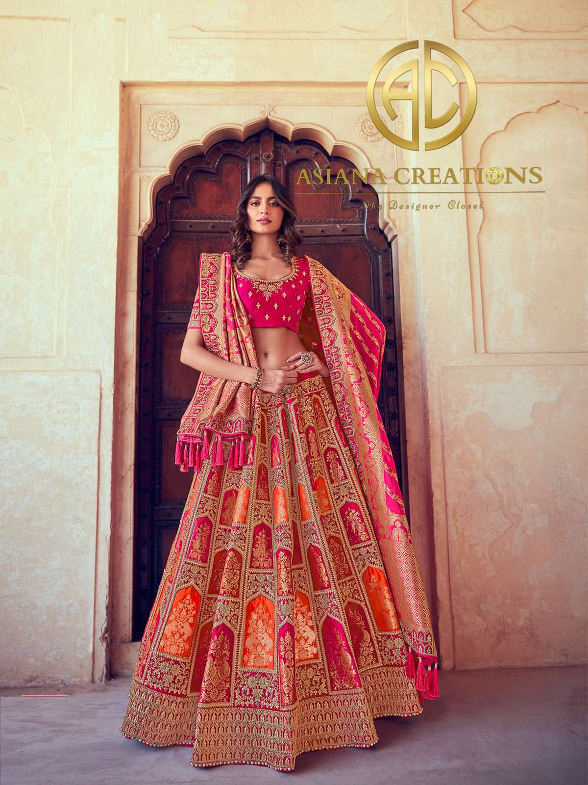 Zari Woven Traditional Banarasi Silk Pink Bridal Lehenga Set-2340