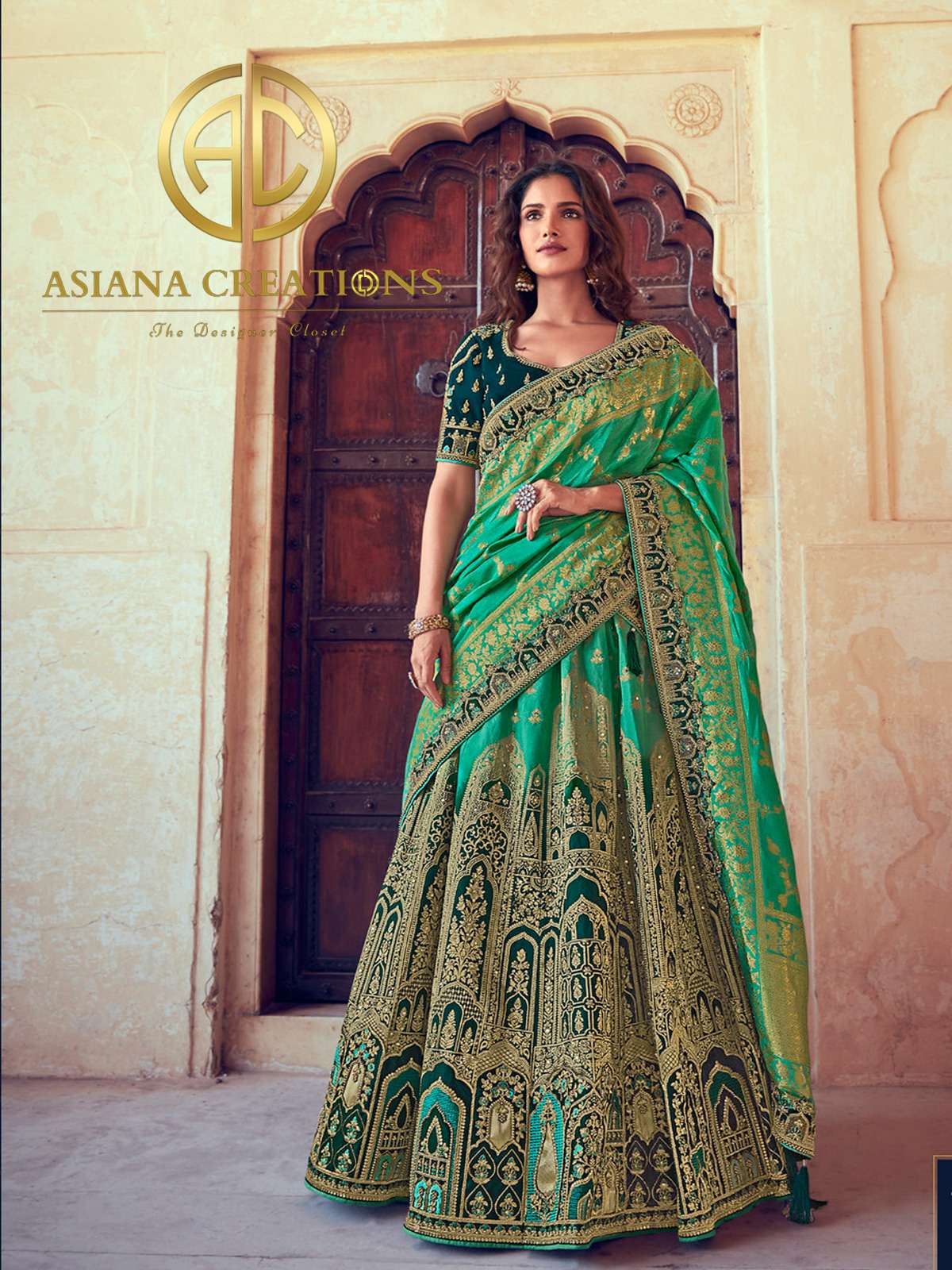Zari Woven Traditional Banarasi Silk Green Bridal Lehenga Set-2342
