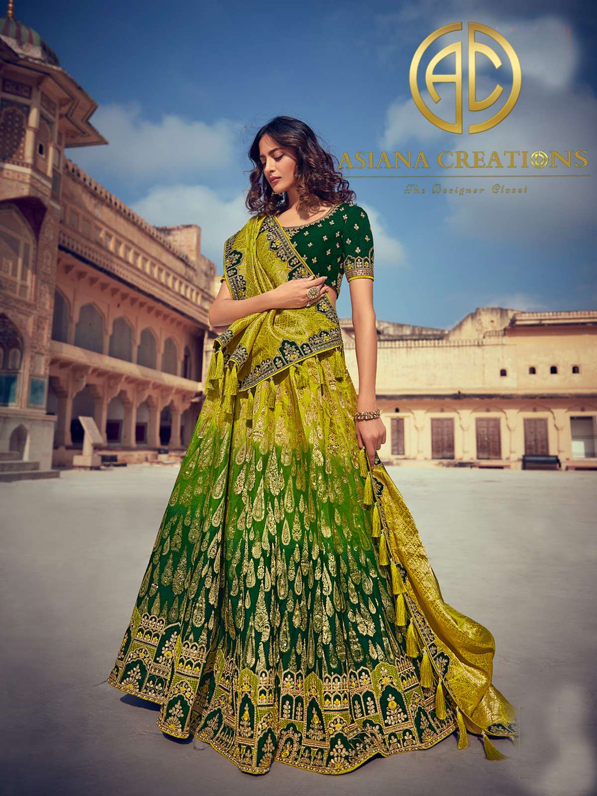 Zari Woven Traditional Banarasi Silk Green Bridal Lehenga Set-2343