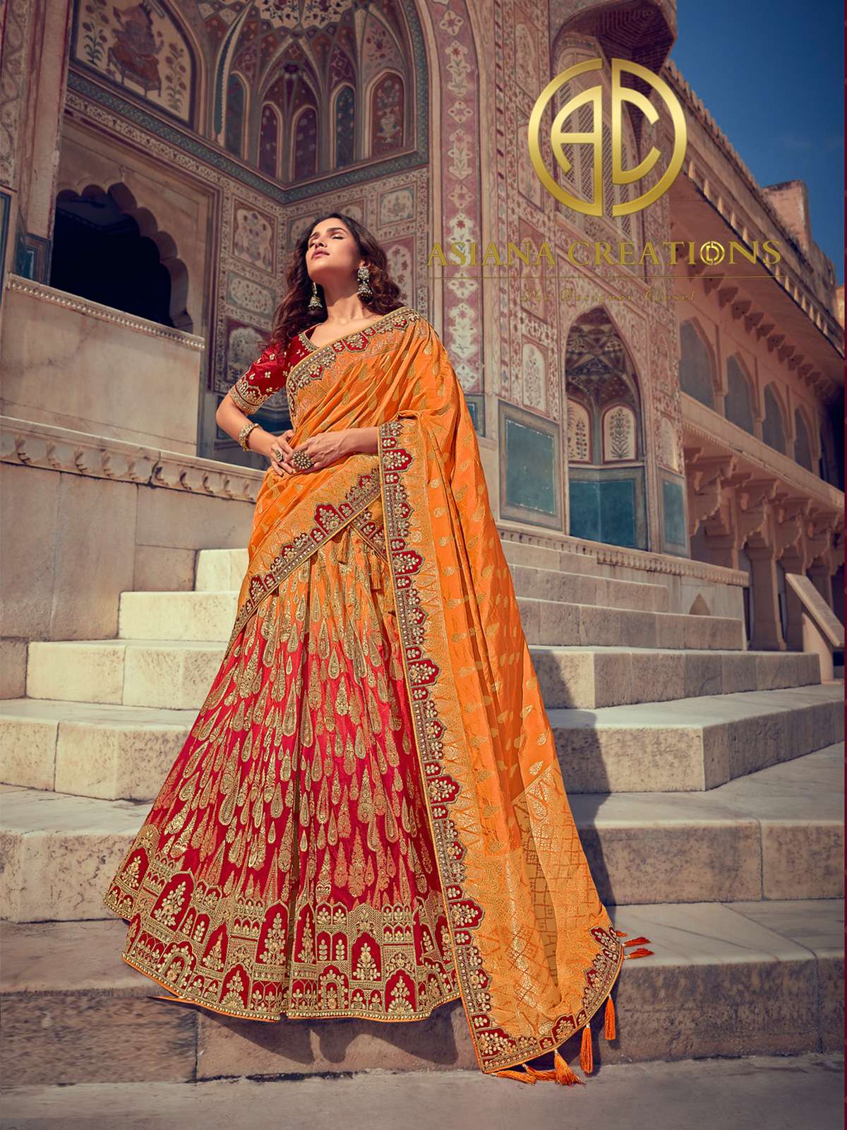 Zari Woven Traditional Banarasi Silk Orange Bridal Lehenga Set-2344