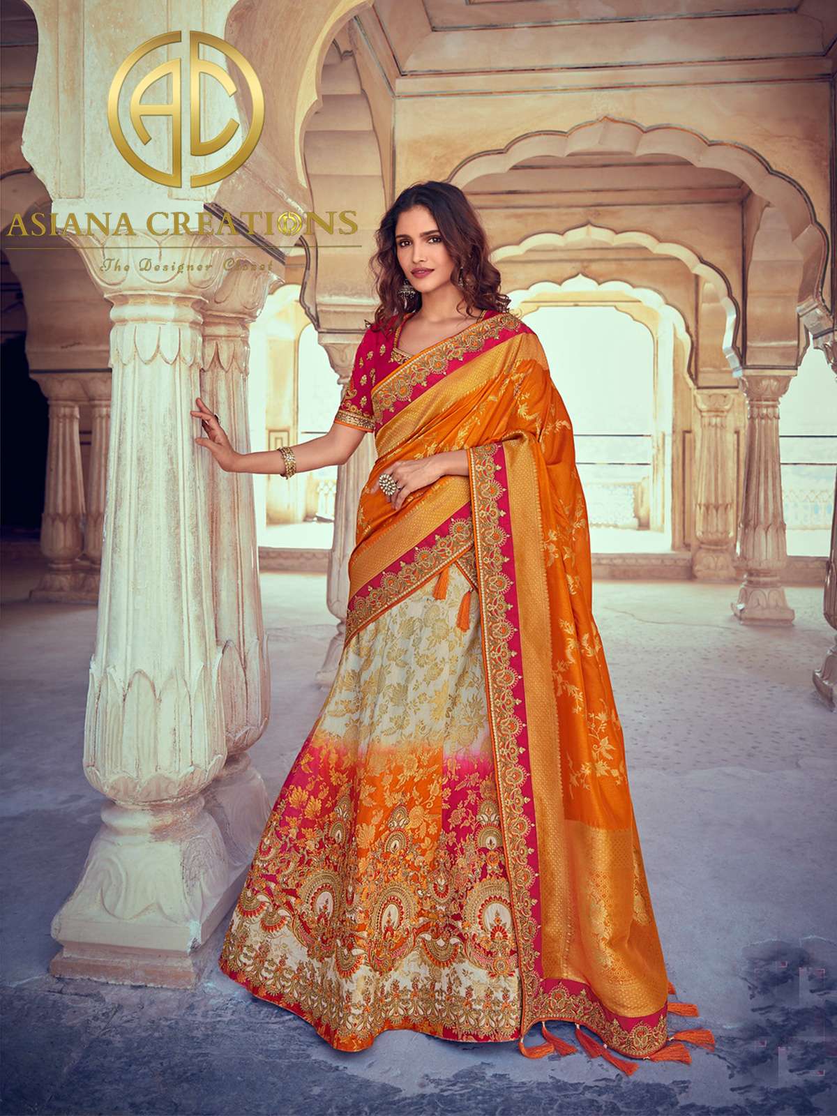 Zari Woven Traditional Banarasi Silk Off White Bridal Lehenga Set-2346