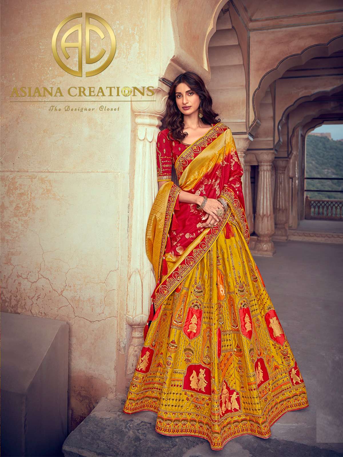 Zari Woven Traditional Banarasi Silk Yellow Bridal Lehenga Set-2350