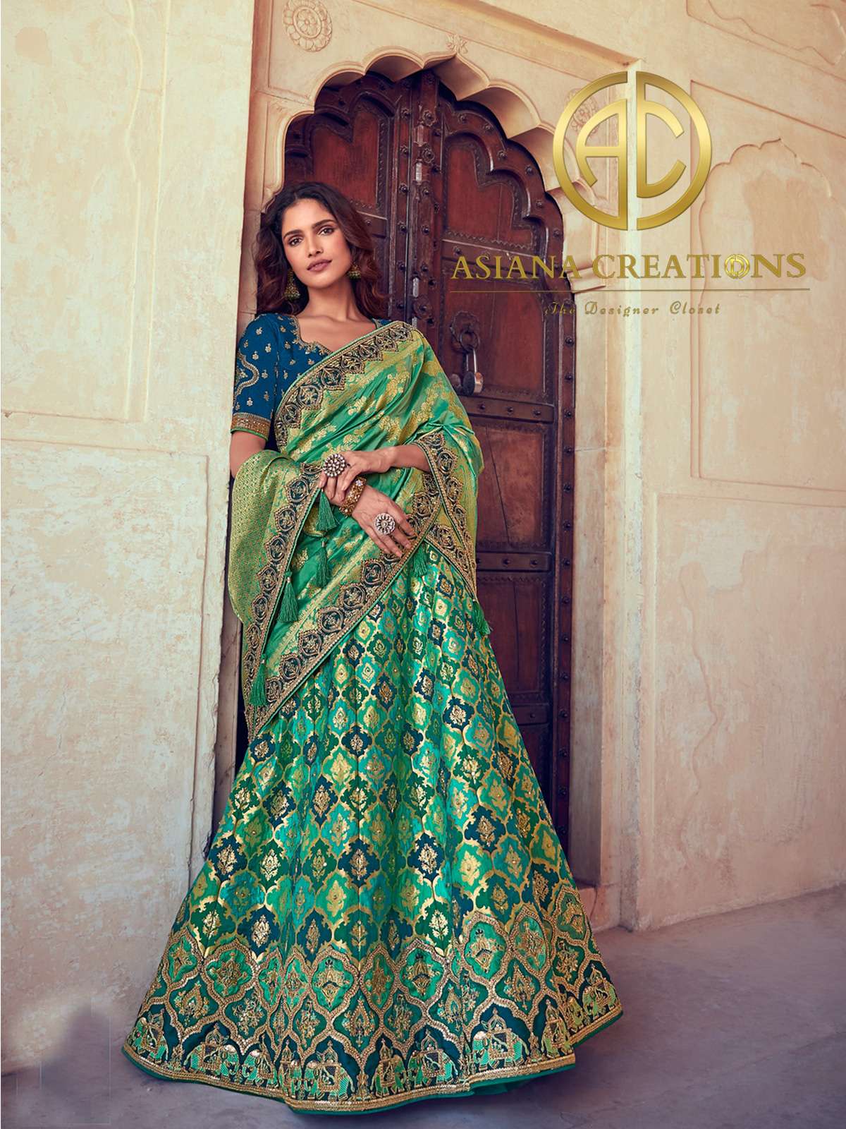 Zari Woven Traditional Banarasi Silk Teal Green Bridal Lehenga Set-2352