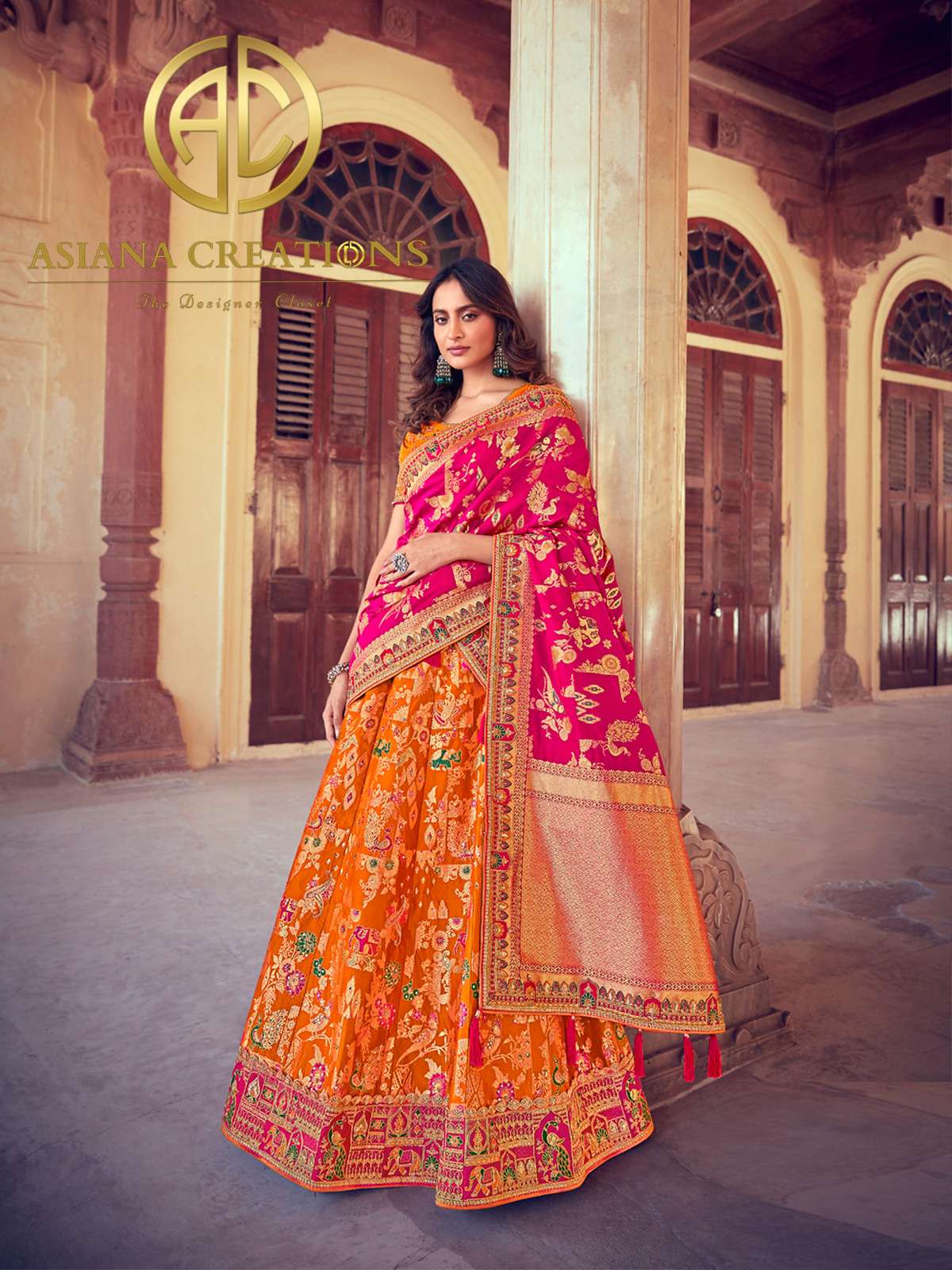Zari Woven Traditional Banarasi Silk Orange Bridal Lehenga Set-2353