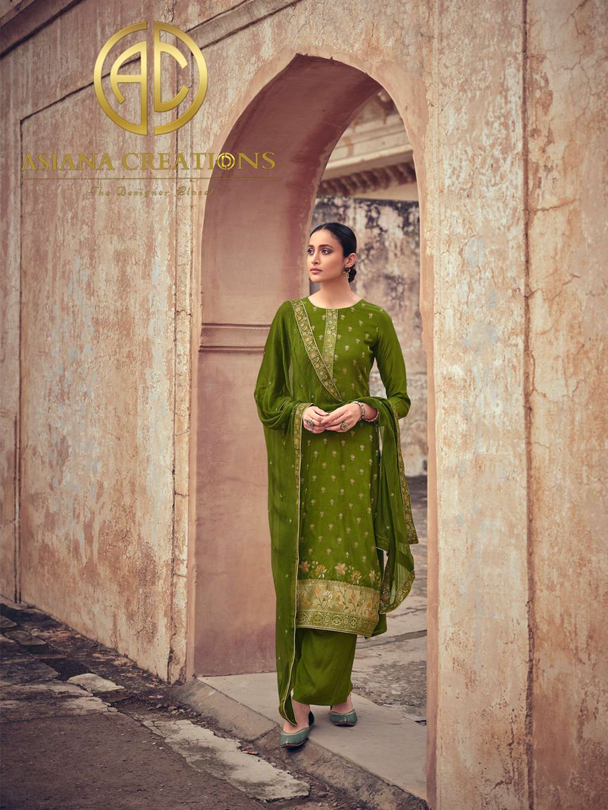 Meenakari Jacquard Silk Olive Green Festive Wear Palazzo Suit-2362