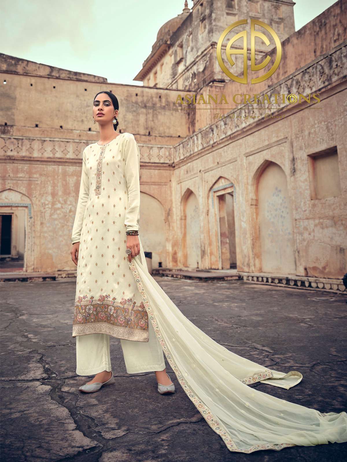 Meenakari Jacquard Silk Off White Festive Wear Palazzo Suit-2363