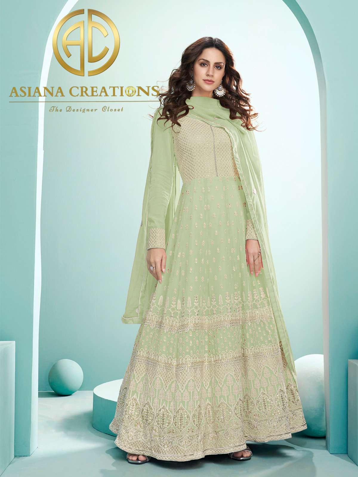 Lucknowi Georgette Green Wedding Wear Anarkali Suit-2413