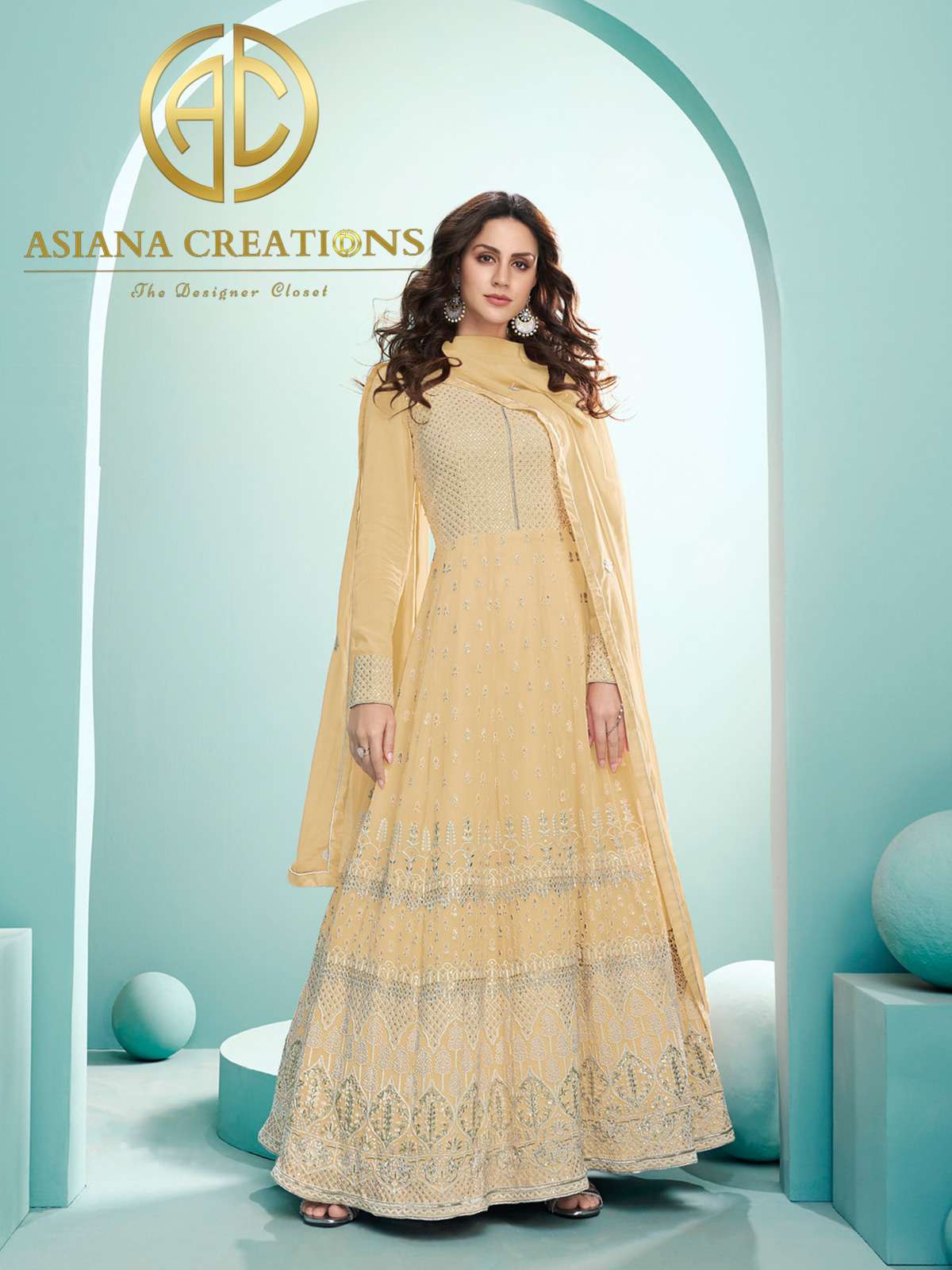 Lucknowi Georgette Yellow Wedding Wear Anarkali Suit-2414